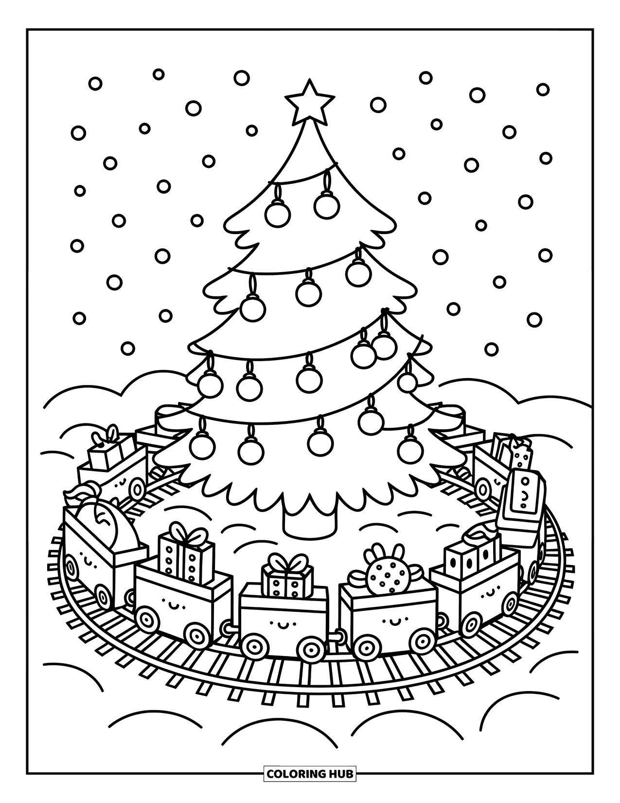 Christmas Tree Coloring Page for Adults: Playful train filled with presents loops around a cozy decorated tree