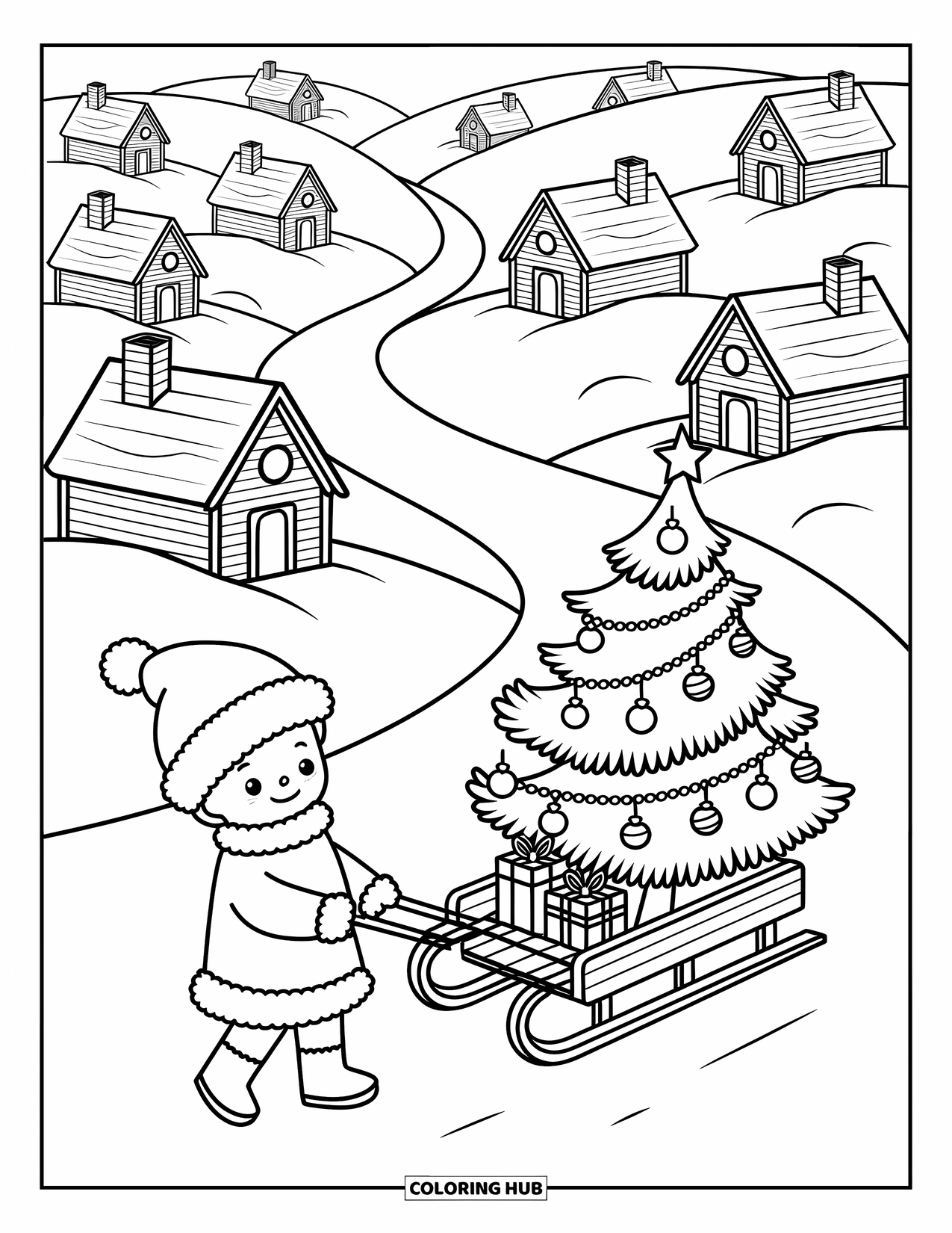 Christmas Tree Coloring Page for Adults: Sled with a tree and jingling ornaments glides past cozy cabin hills