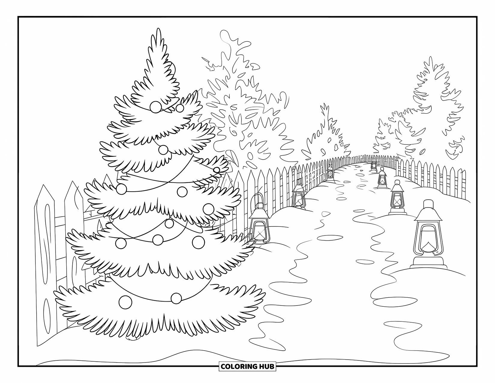 Christmas Tree Coloring Page for Adults: Snowy path with pine trees and lanterns beside a decorated Christmas tree