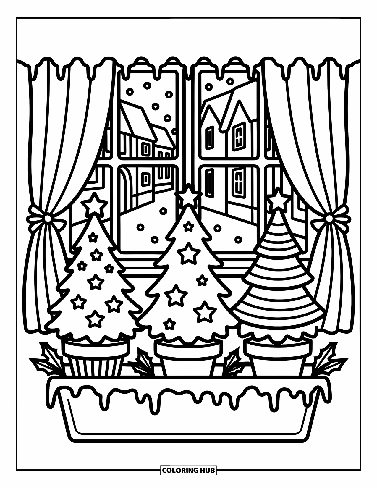 Christmas Tree Coloring Page for Adults: Three small trees in festive pots sit by a frosty window with hanging icicles