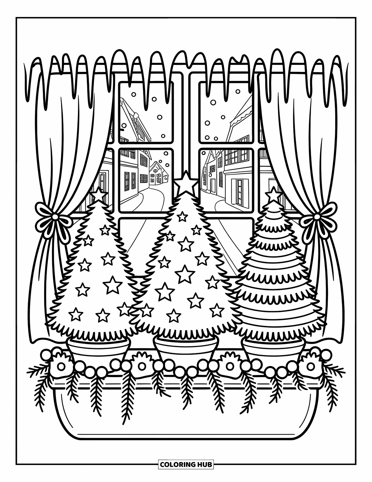 Christmas Tree Coloring Page for Adults: Three tiny trees in pots sit in a window box above a snowy street