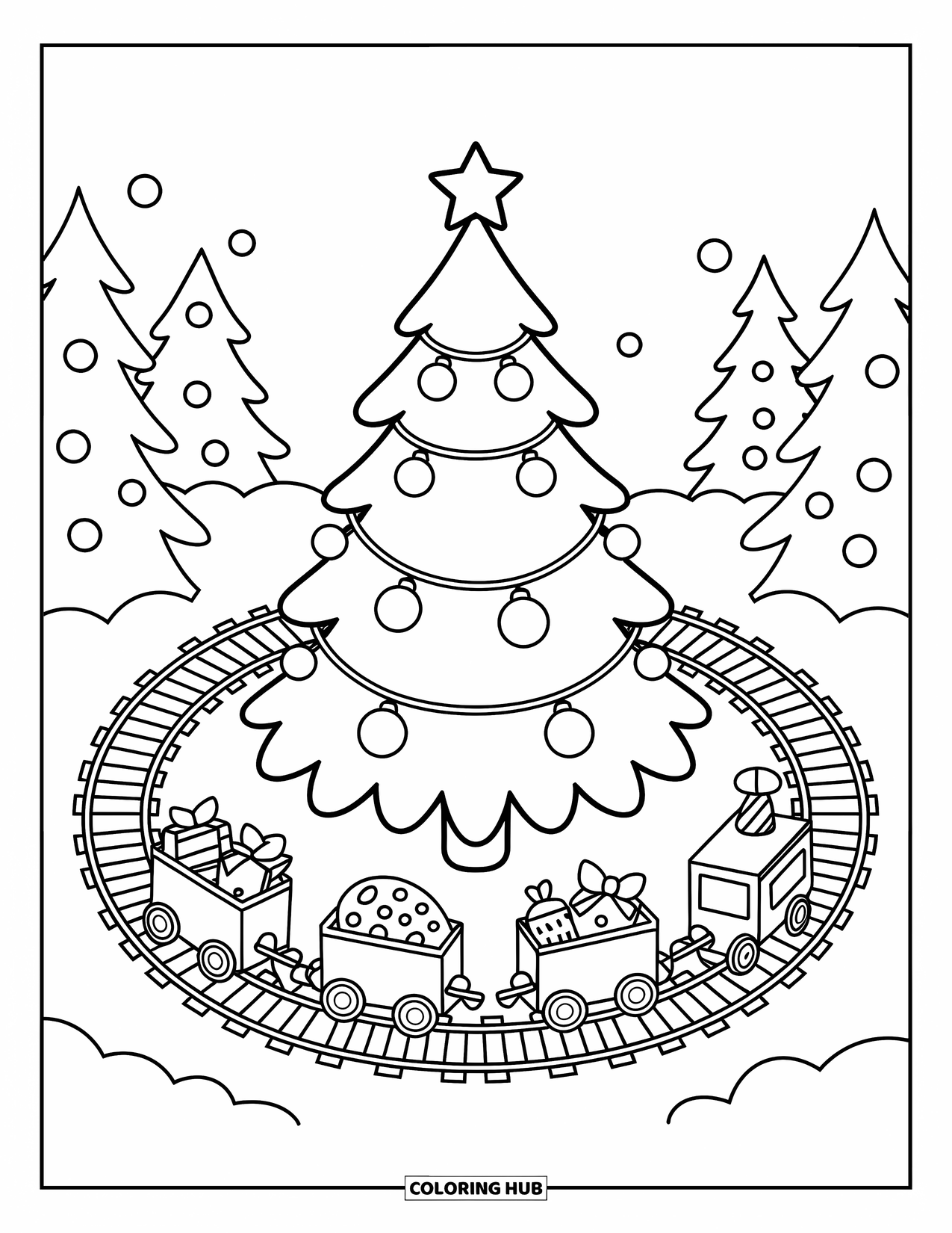 Christmas Tree Coloring Page for Adults: Train circles a cute tree surrounded by gifts and snowy hills