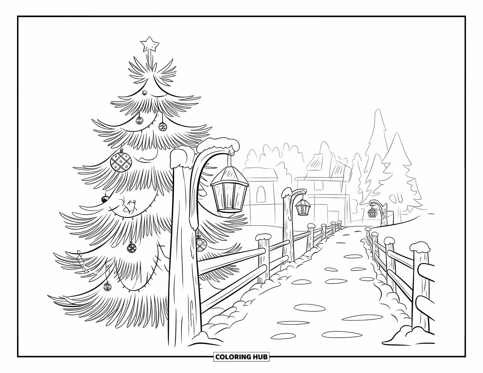 Christmas Tree Coloring Page for Adults: Tree by a snowy path with fences, lanterns, and a rustic winter backdrop