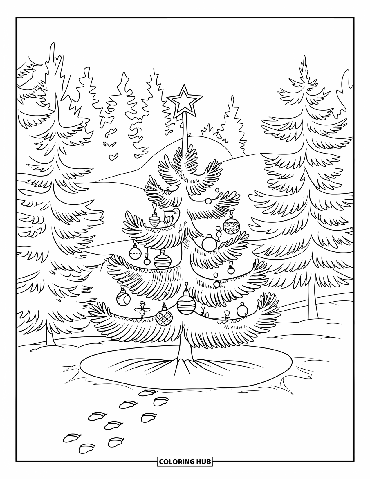 Christmas Tree Coloring Page for Adults: Tree in a snowy clearing with footprints and snow-covered pine forest