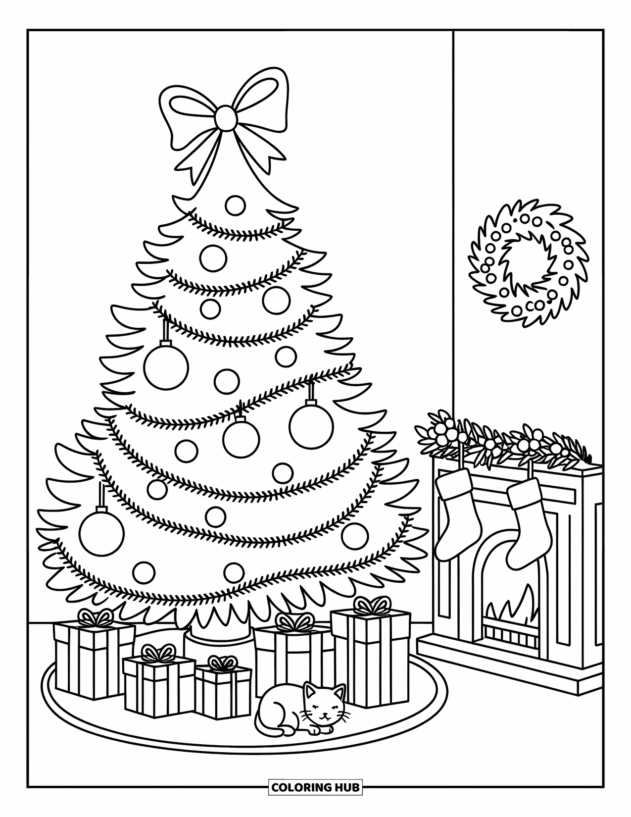 Christmas Tree Coloring Page for Adults: Tree with big ornaments, a bow on top, and a sleepy cat nearby