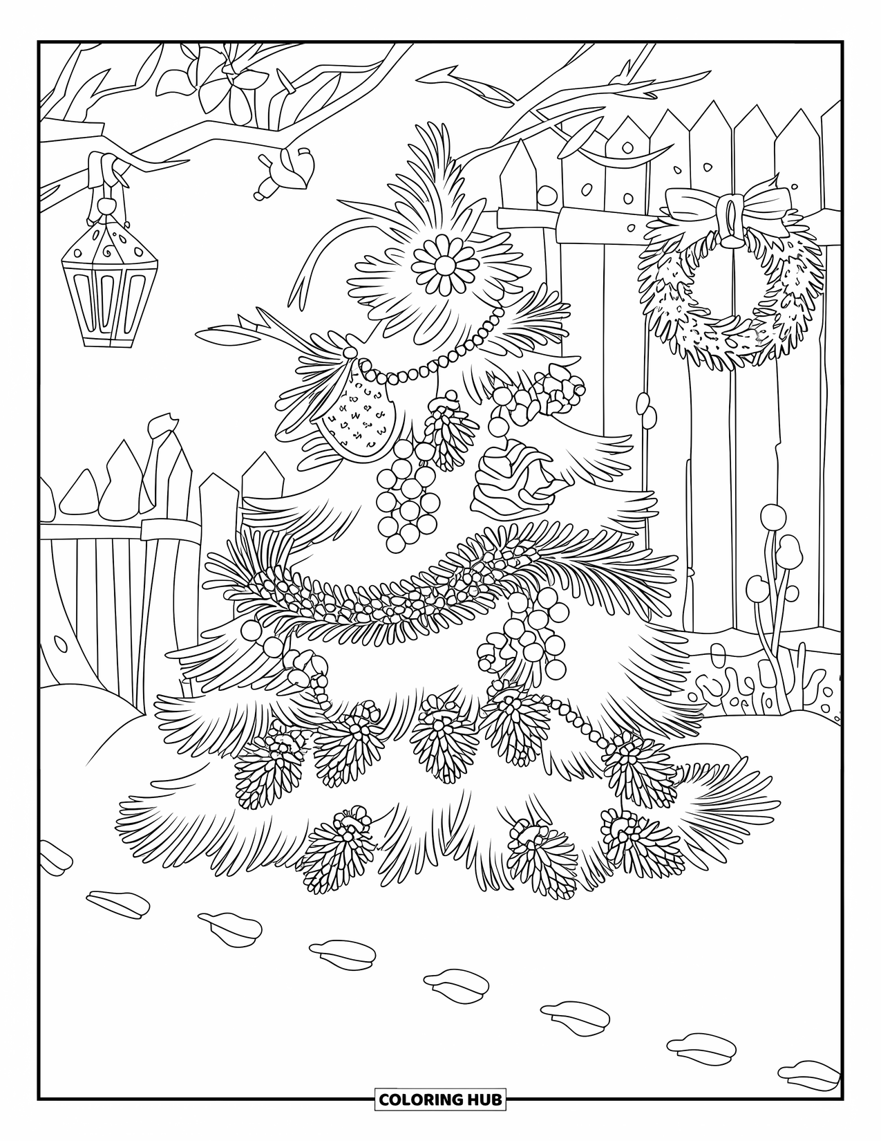 Christmas Tree Coloring Page for Adults: Tree with floral decor and pinecones near a fence and wreath