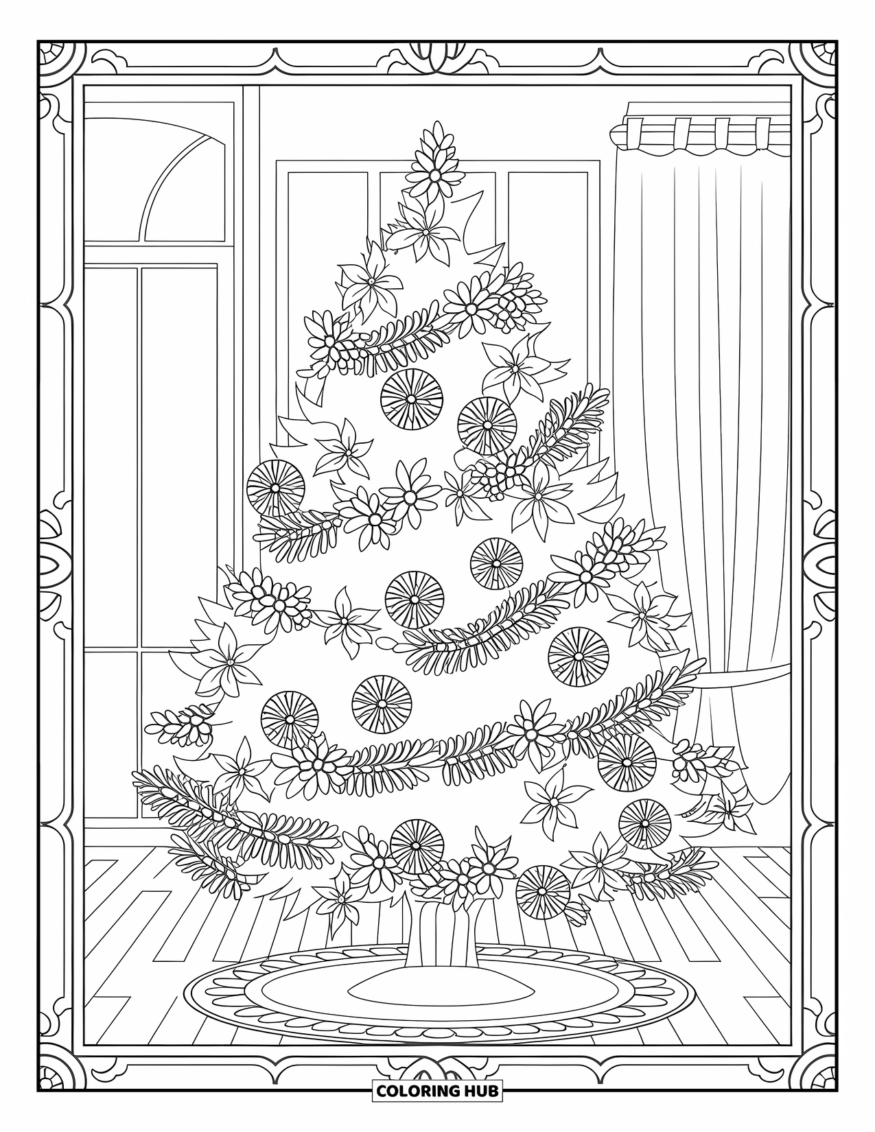 Christmas Tree Coloring Page for Adults: Tree with floral ornaments, pinecones, garlands, and a curtain-framed window
