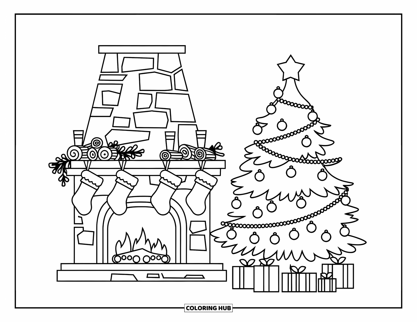 Christmas Tree Coloring Page for Kids: A warm scene with a tree, fireplace, stockings, and a cozy atmosphere