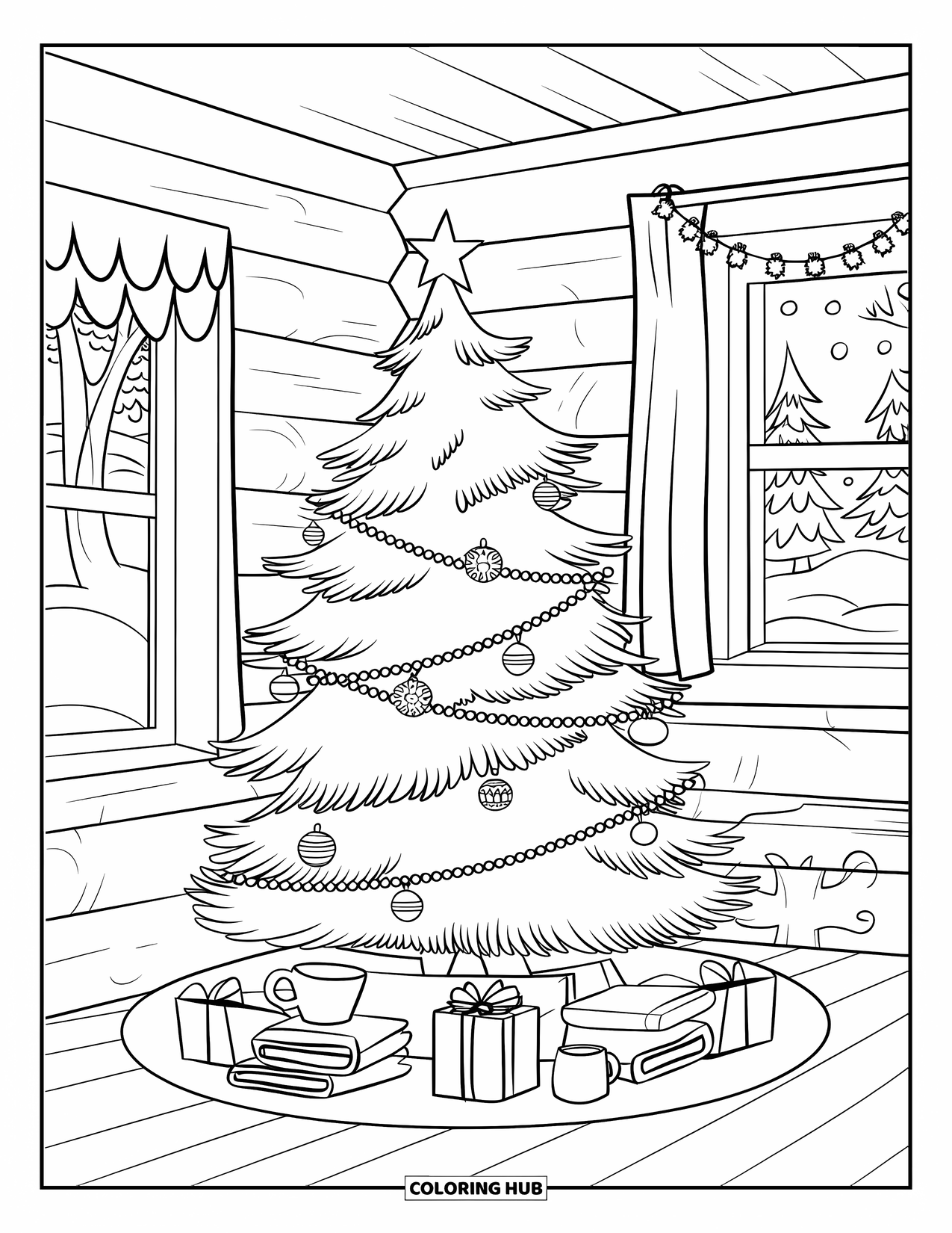 Christmas Tree Coloring Page for Kids: Cabin Christmas tree with books, mugs, and a snowy outdoor scene