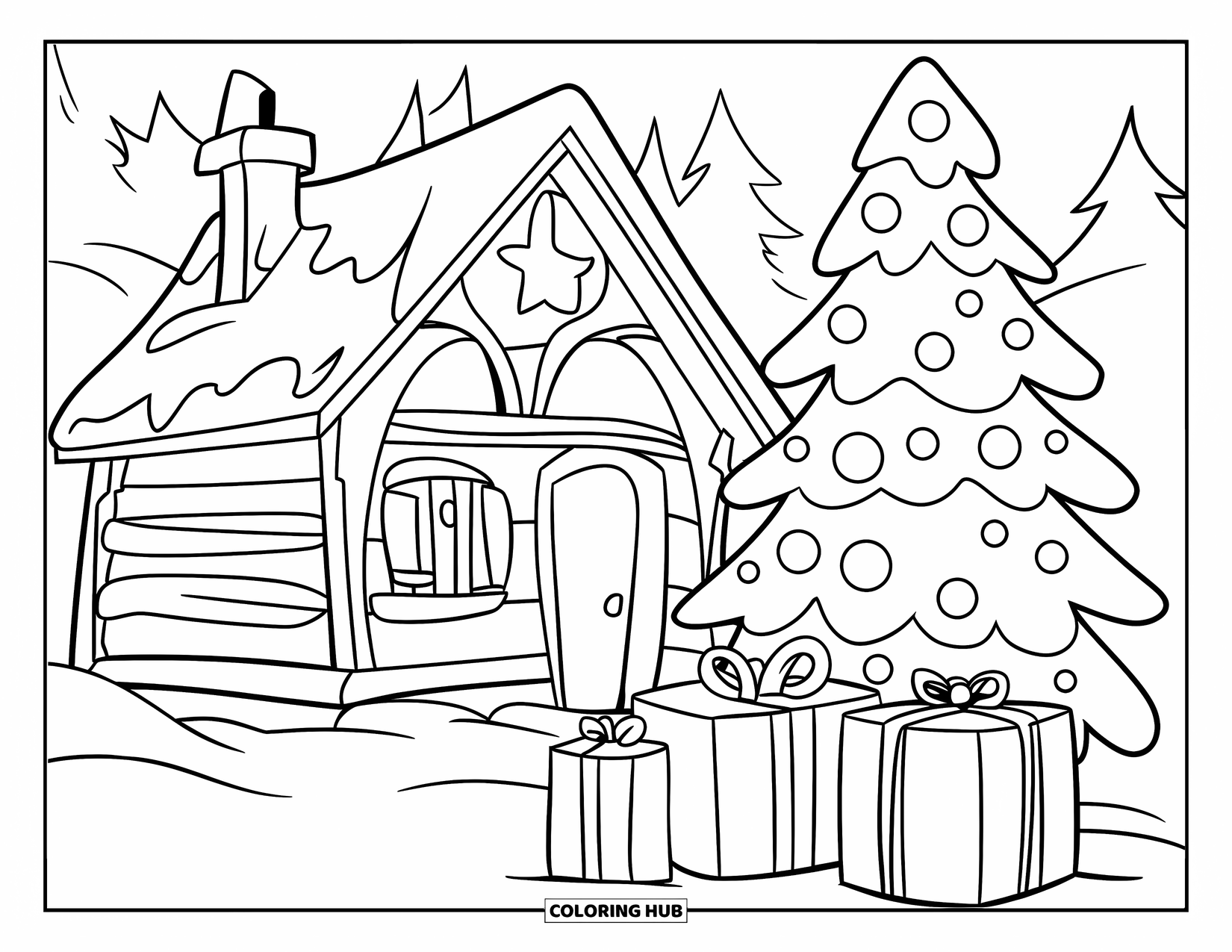 Christmas Tree Coloring Page for Kids: Cabin with chimney, tree, snowy ground, and gift boxes in a wintery scene