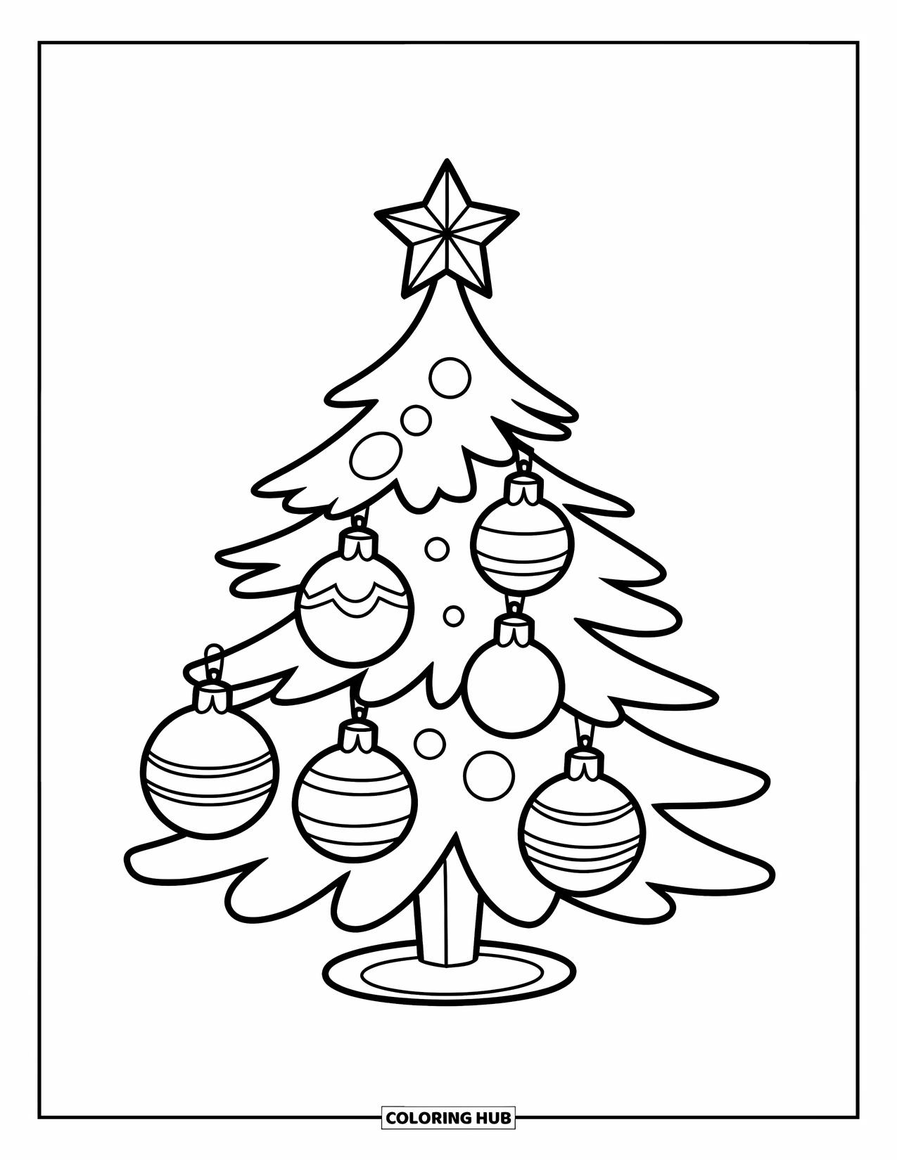 Christmas Tree Coloring Page for Kids: Cute tree with five big ornaments and a star on top