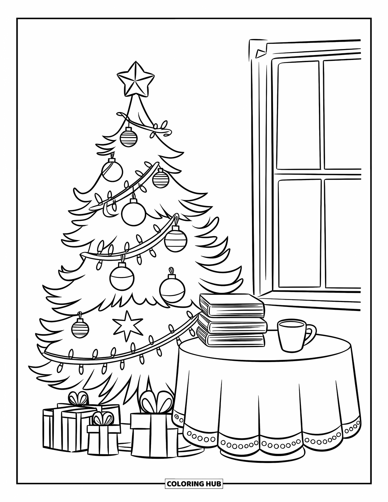 Christmas Tree Coloring Page for Kids: Decorated tree next to a table with books and cocoa in a cozy room