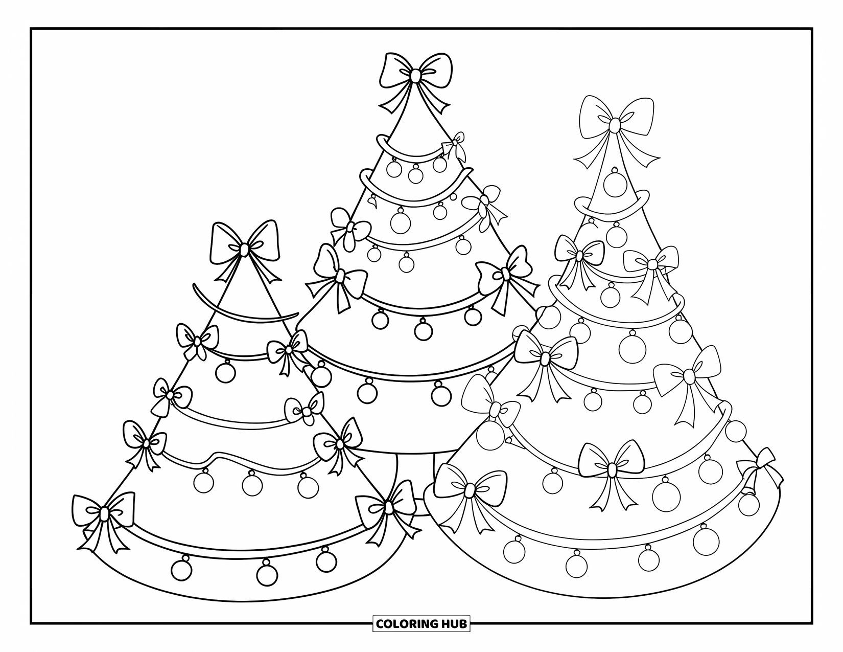 Christmas Tree Coloring Page for Kids: Decorated trio of trees with clean outlines and festive touches