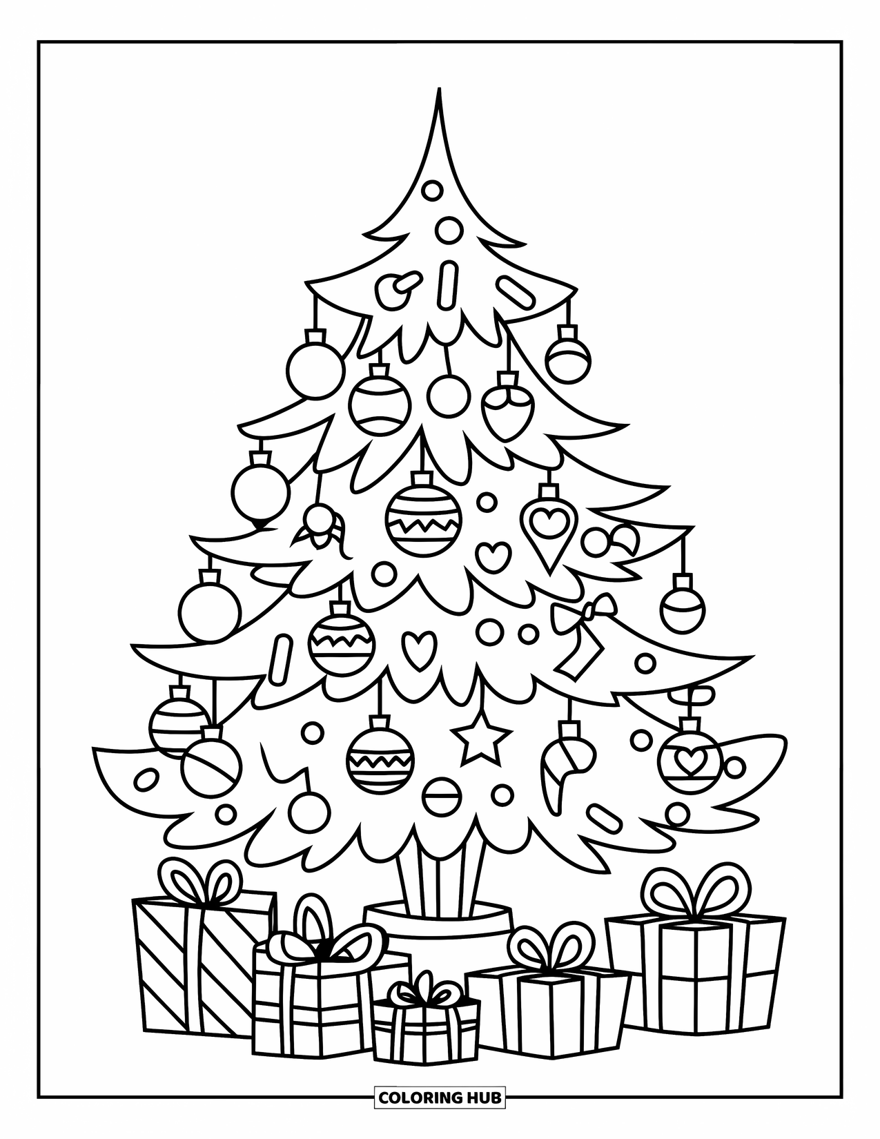 Christmas Tree Coloring Page for Kids: Ornamented tree with candy canes and gifts on a wooden base
