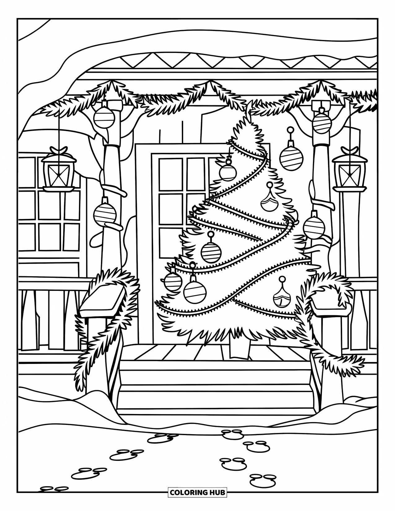 Christmas Tree Coloring Page for Kids: Porch with tree, pine garlands, lanterns, and snowy footprints outside