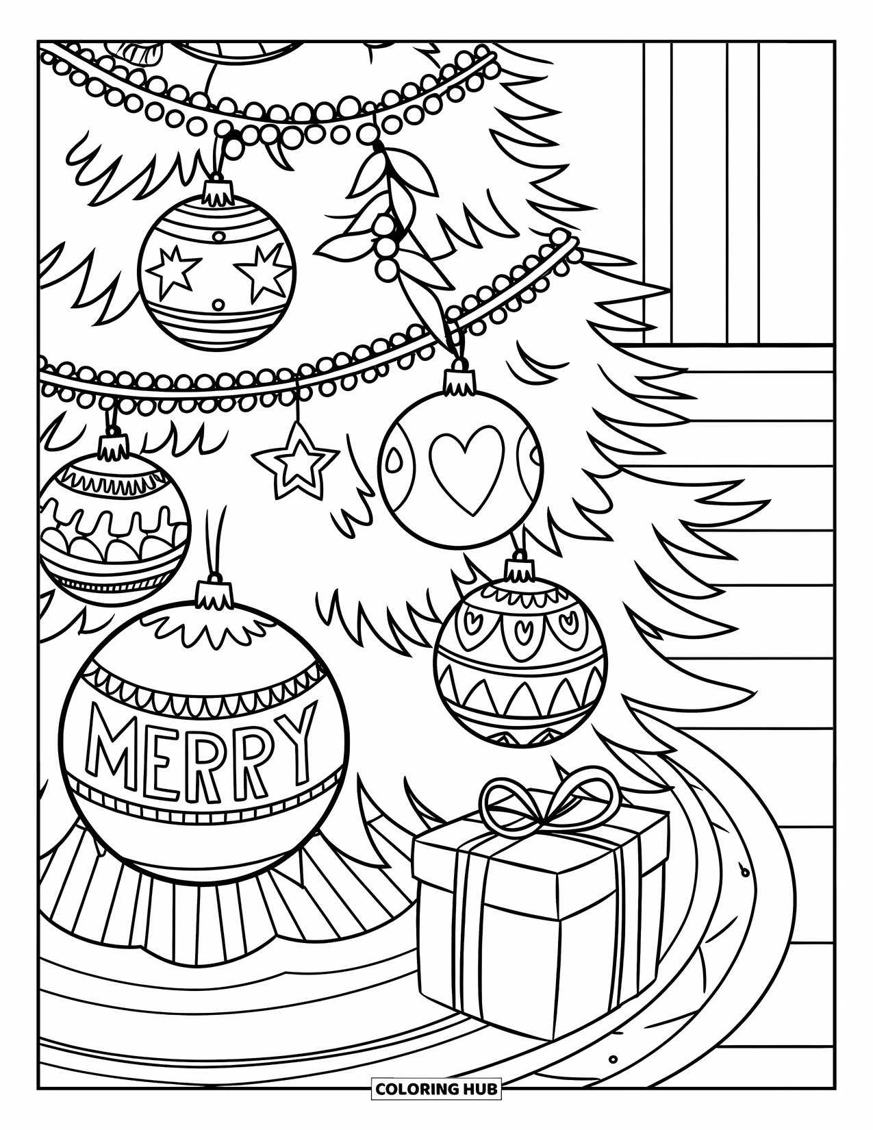 Christmas Tree Coloring Page for Kids: Room with a tree, mistletoe, patterned ornaments, and a gift that says "Merry"