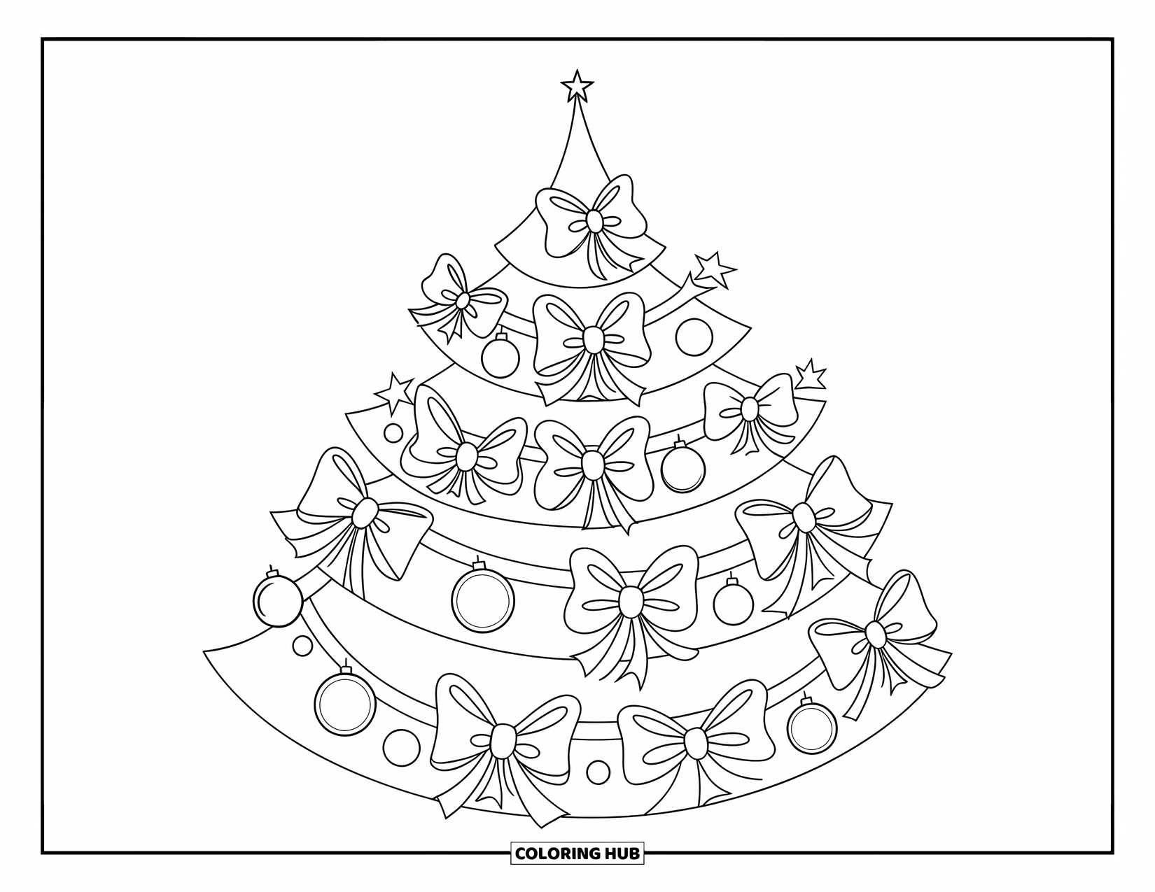 Christmas Tree Coloring Page for Kids: Three layered trees with bows, ribbons, and baubles on each branch