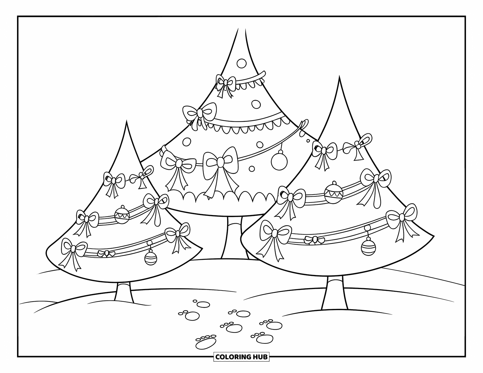 Christmas Tree Coloring Page for Kids: Three trees decorated with bows and ribbons, with snowy footprints nearby