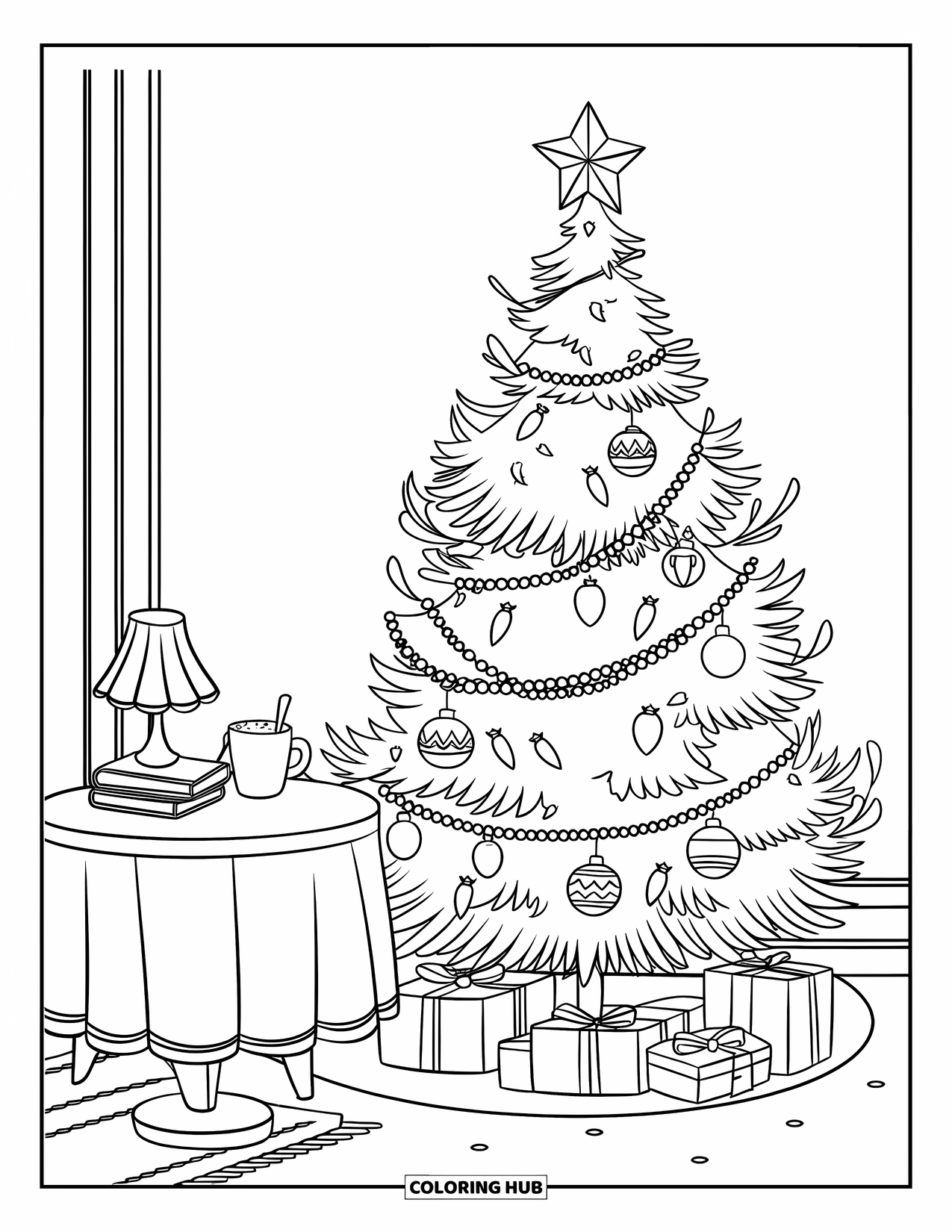 Christmas Tree Coloring Page for Kids: Tree and table with books and cocoa in a room with carpet and chair