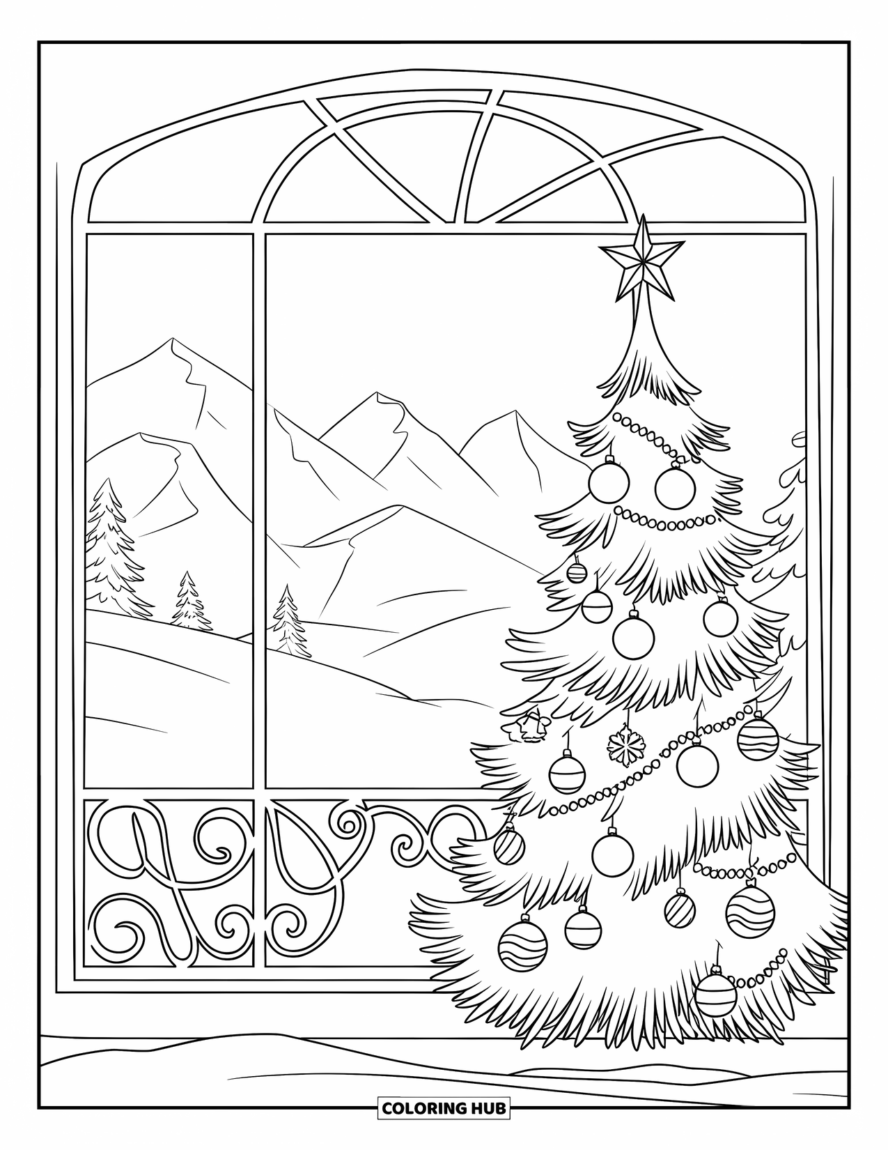 Christmas Tree Coloring Page for Kids: Tree by a window with snowy mountain views and a few trees around
