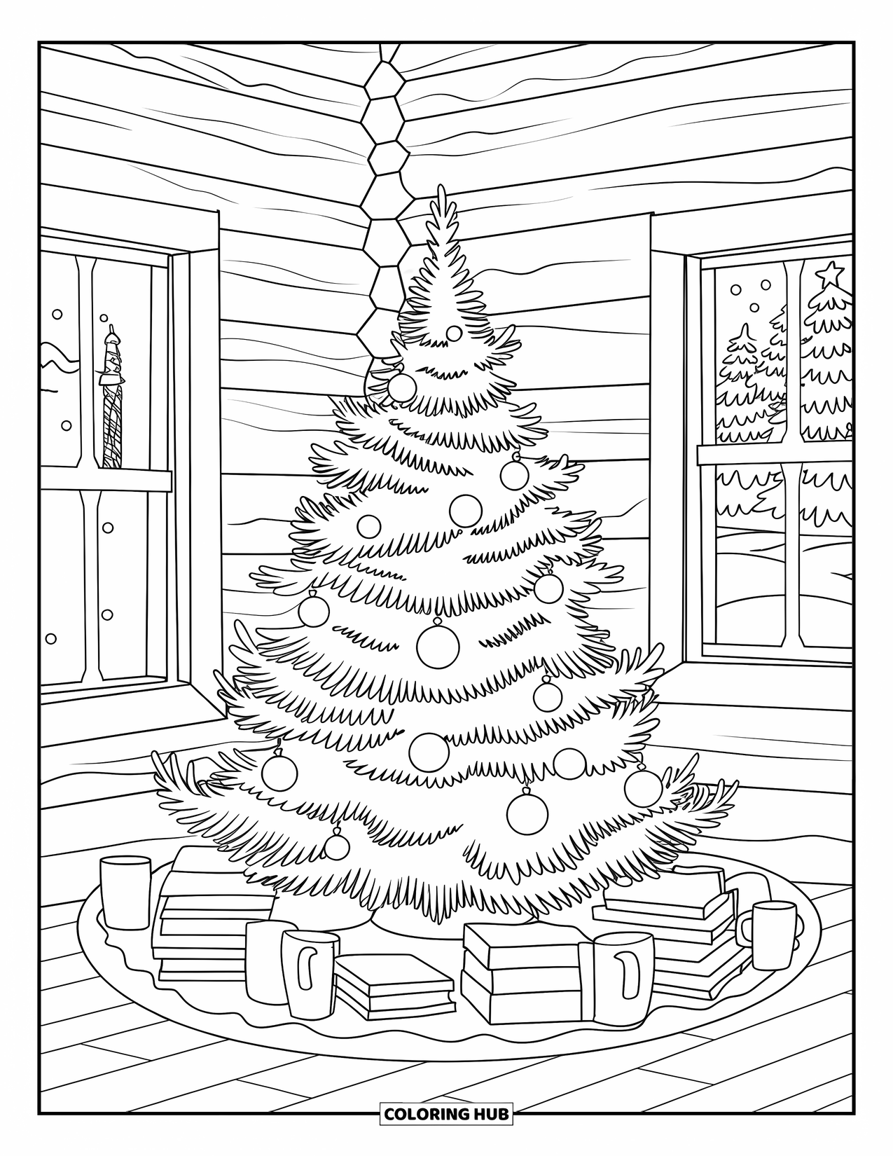 Christmas Tree Coloring Page for Kids: Tree in a rustic log cabin with books, mugs, and a snowy window view