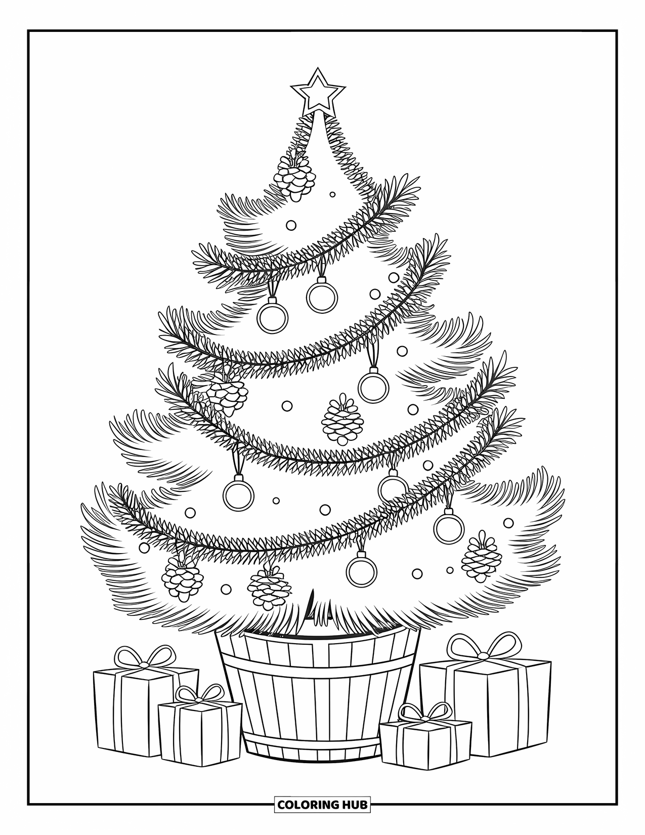 Christmas Tree Coloring Page for Kids: Tree with bells and presents in a wooden bucket on a white background