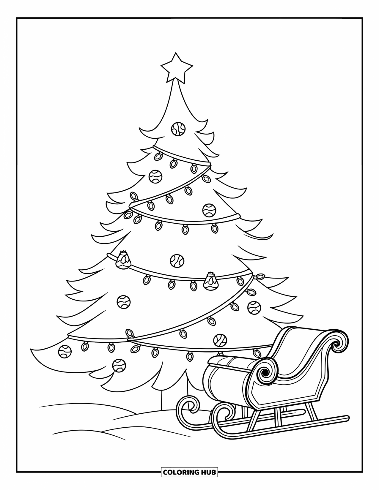 Christmas Tree Coloring Page for Kids: Tree with candy and lights beside a sleigh on snowy ground