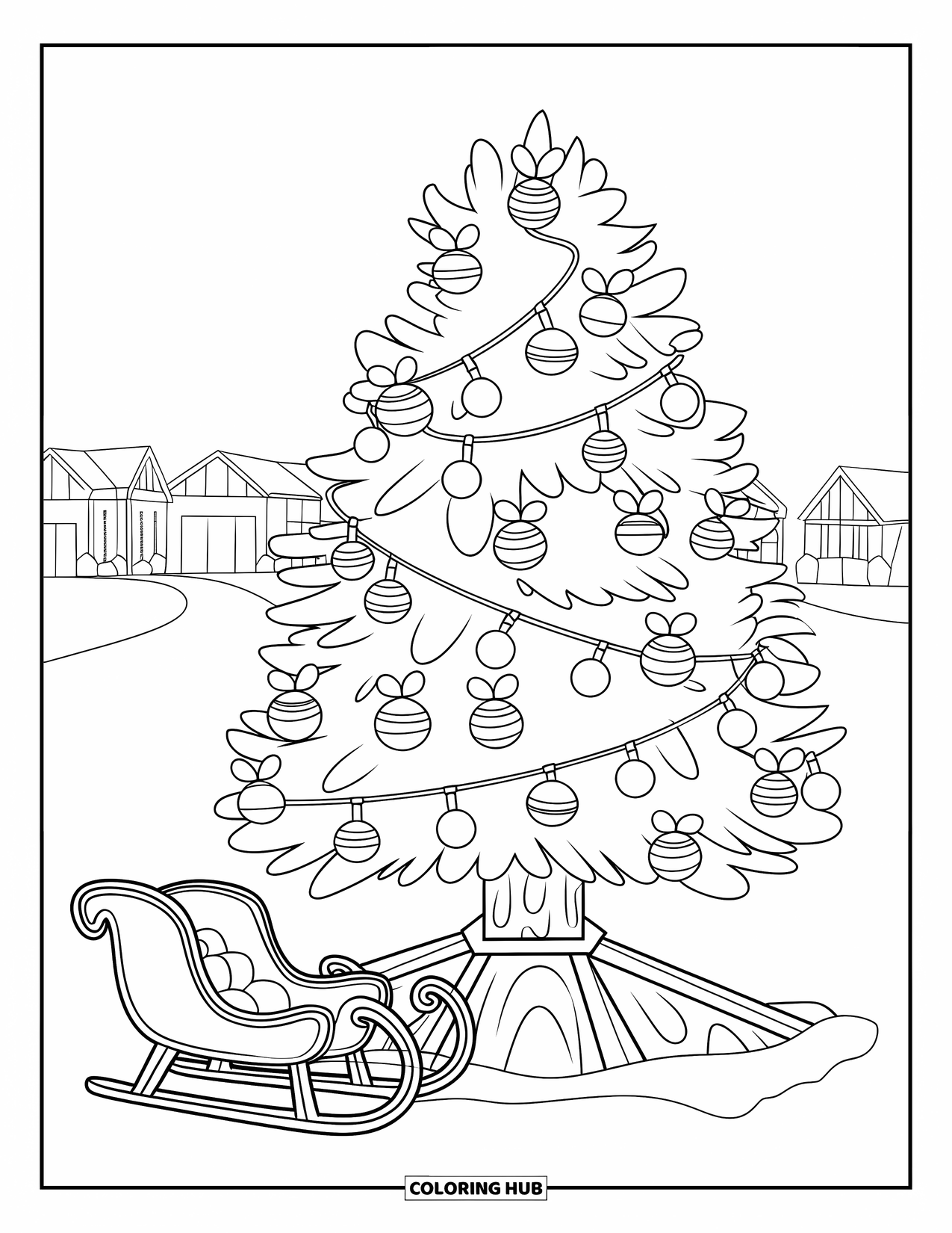 Christmas Tree Coloring Page for Kids: Tree with candy and lights next to a sleigh in a snowy village