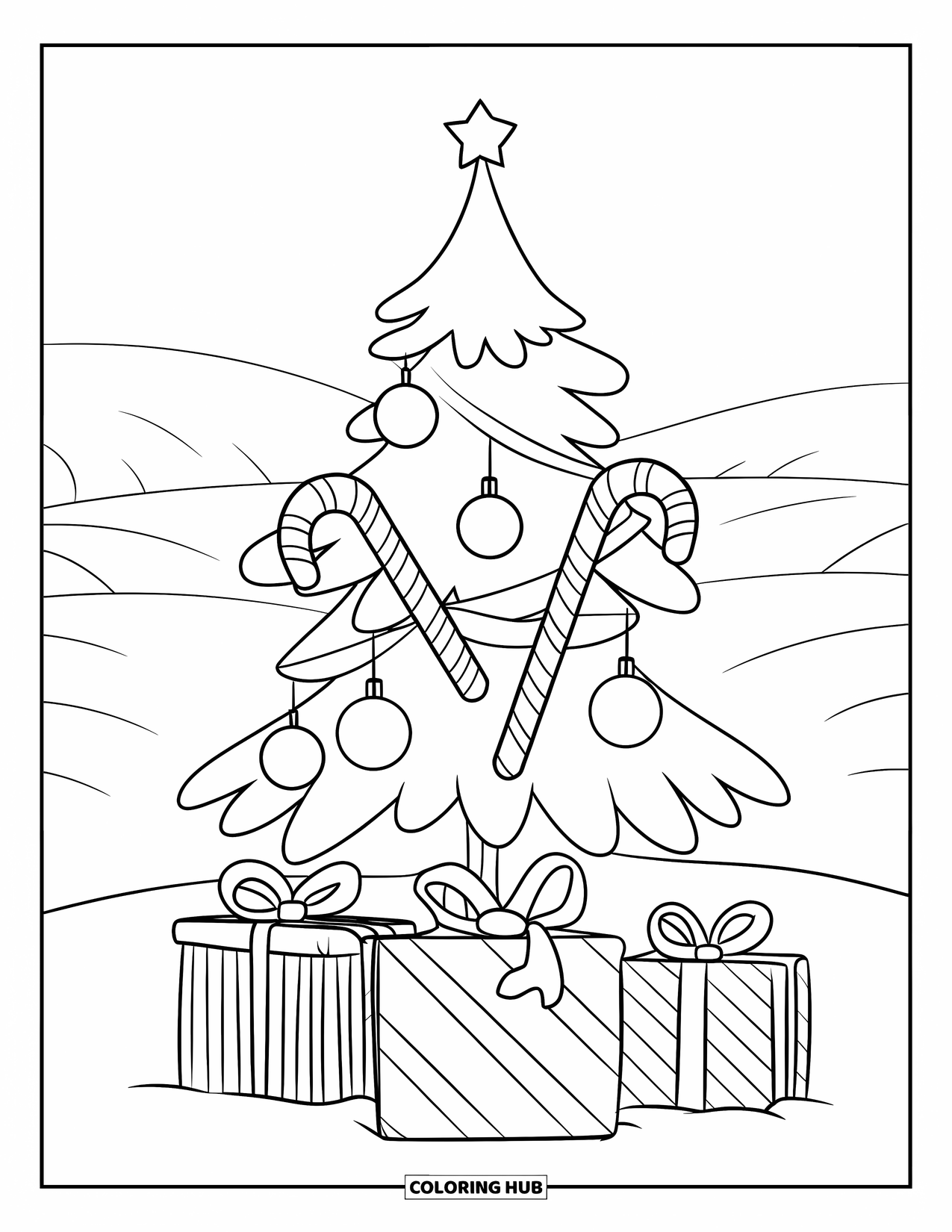 Christmas Tree Coloring Page for Kids: Tree with candy canes and patterned gifts in a snowy hill scene