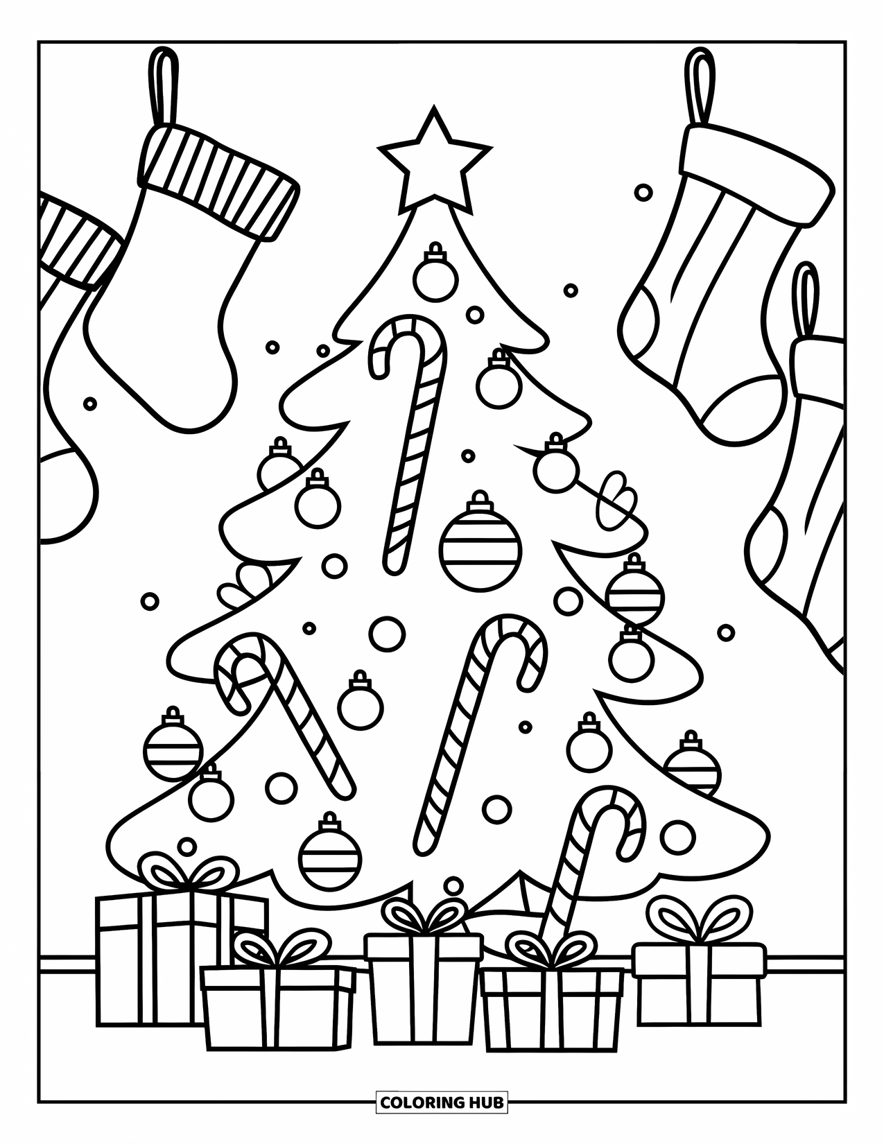 Christmas Tree Coloring Page for Kids: Tree with candy canes, gifts, and stockings hanging on the wall