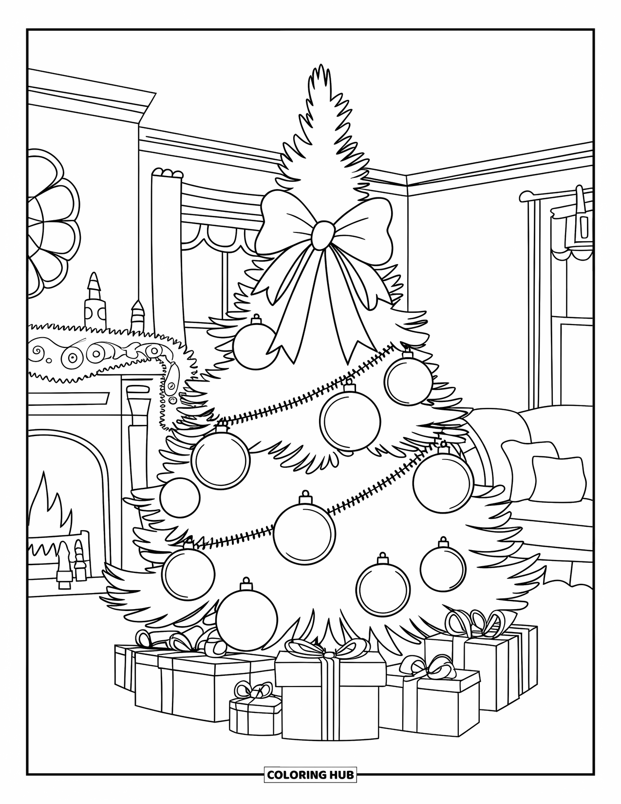 Christmas Tree Coloring Page for Kids: Tree with large baubles and a bow in a cozy room with a fireplace