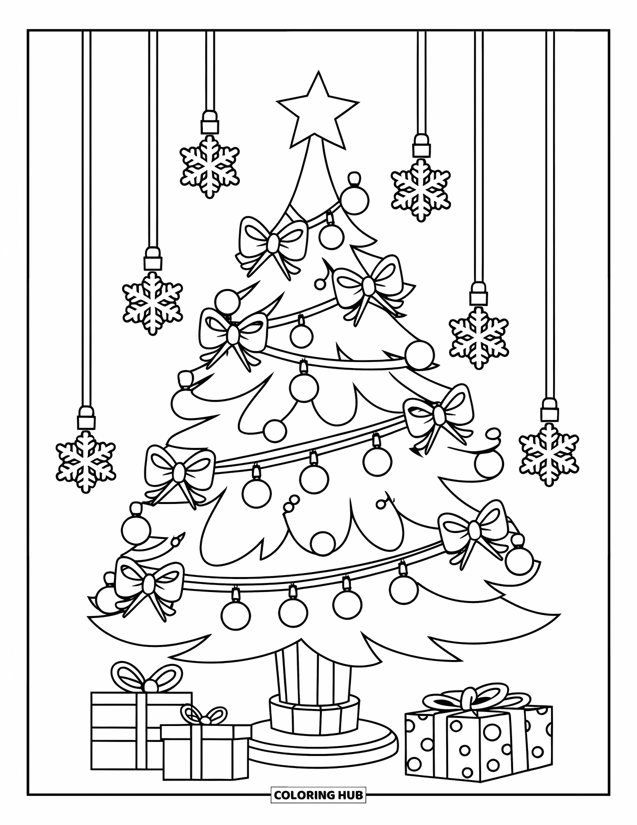 Christmas Tree Coloring Page for Kids: Tree with lights, bows, snowflakes, and gifts underneath