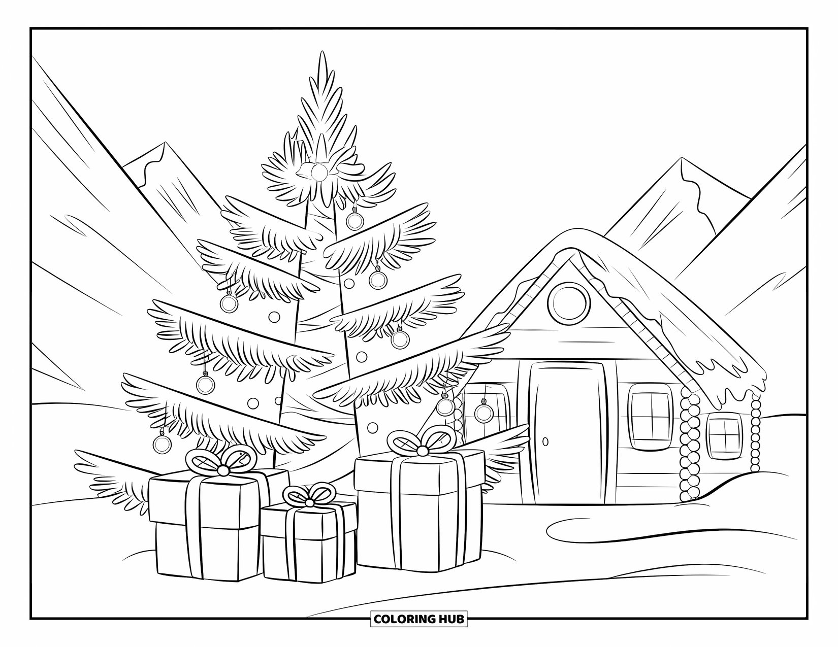 Christmas Tree Coloring Page for Kids: Tree with ornaments and gifts beside a quiet snowy cabin
