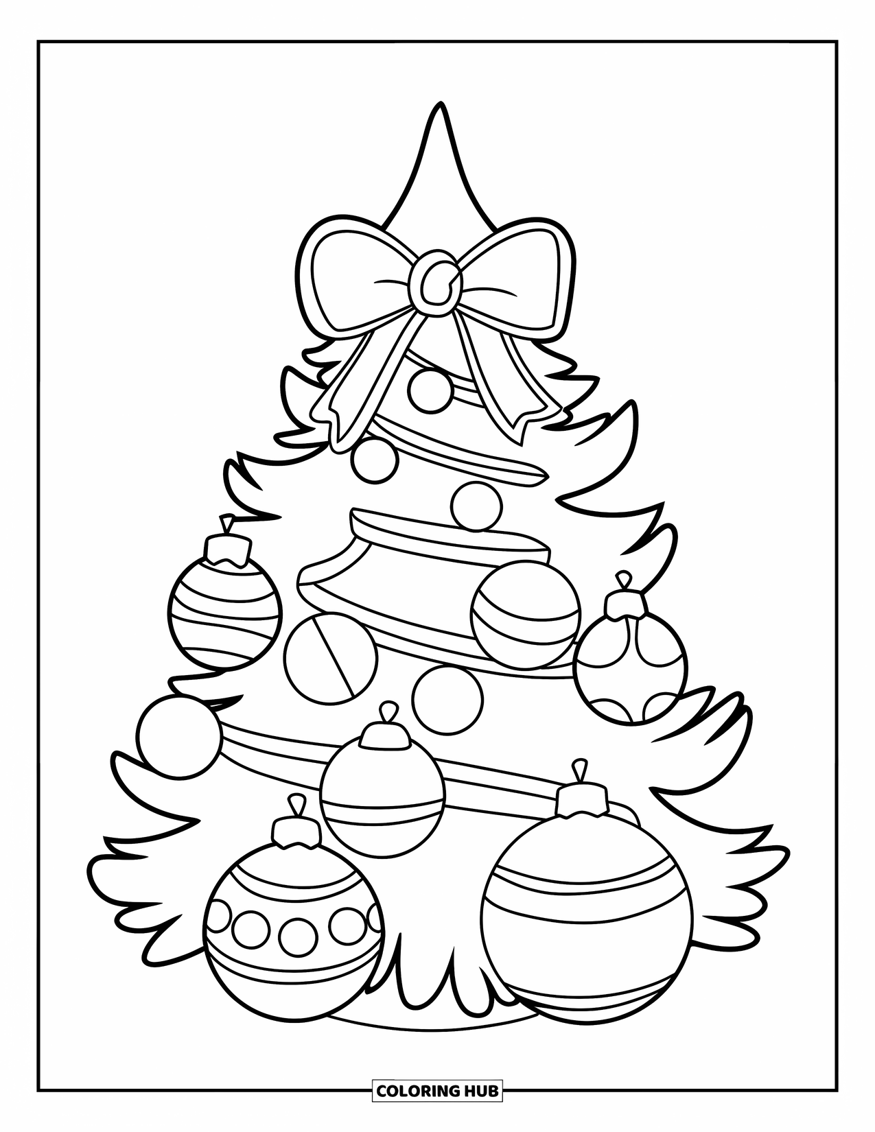 Christmas Tree Coloring Page for Kids: Tree with oversized baubles and a big ribbon bow