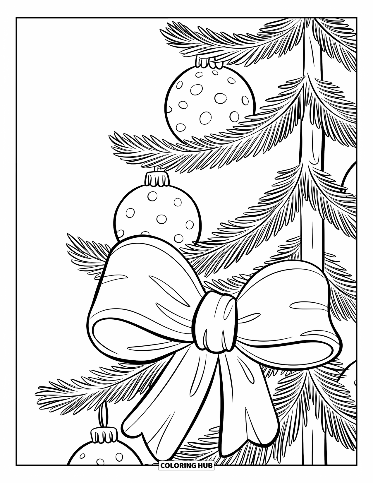 Christmas Tree Coloring Page for Kids: Tree with round ornaments and a big bow in a simple scene