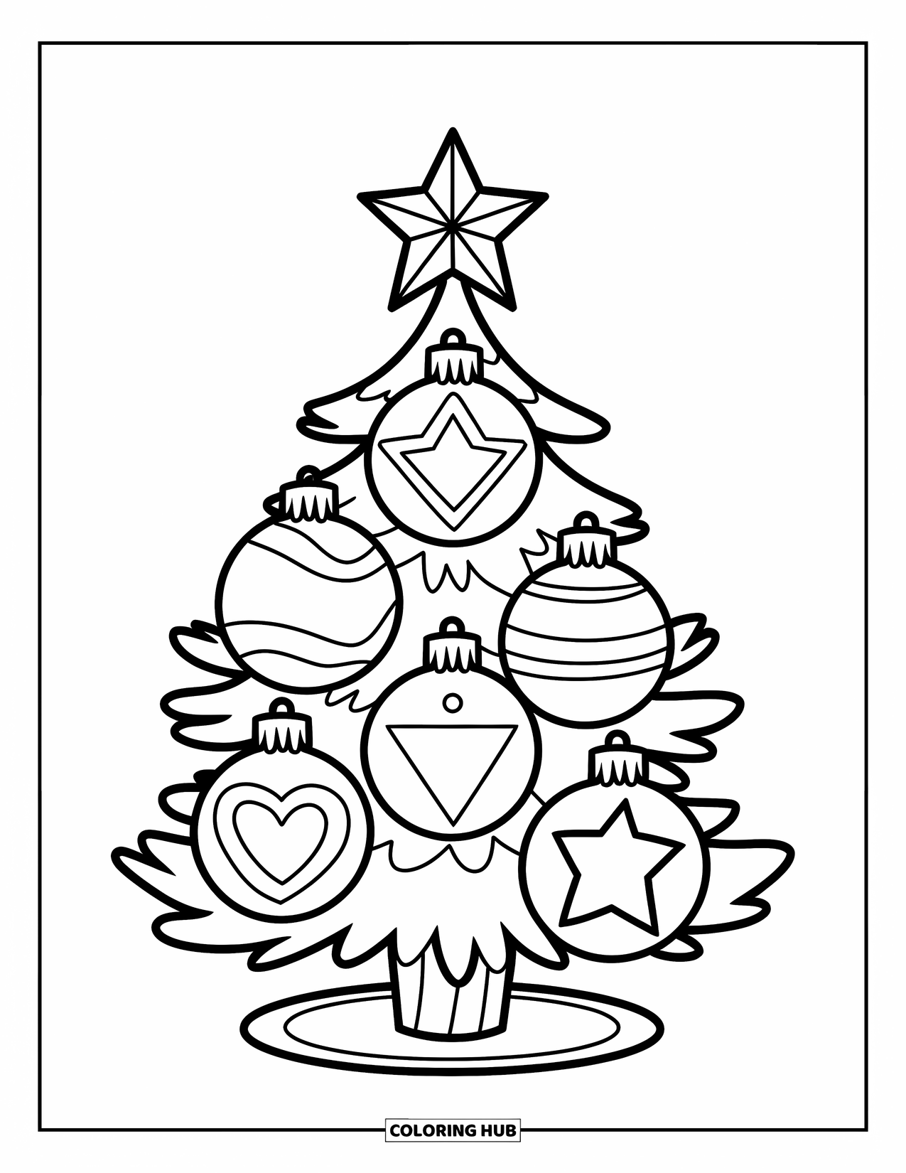 Christmas Tree Coloring Page for Kids: Tree with shaped ornaments like a heart, star, and triangle on a round base