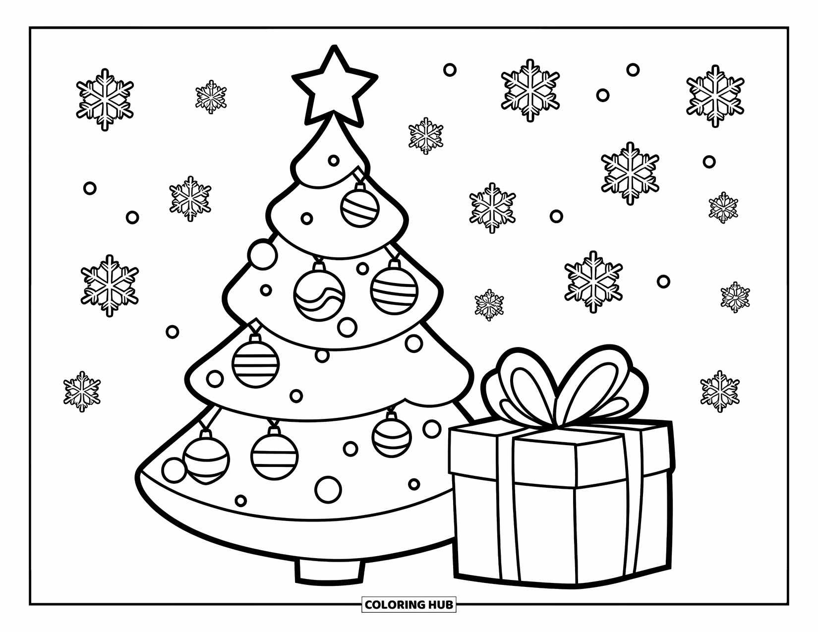 Christmas Tree Coloring Page for Kids: Tree with star and ornaments next to a gift and falling snowflakes