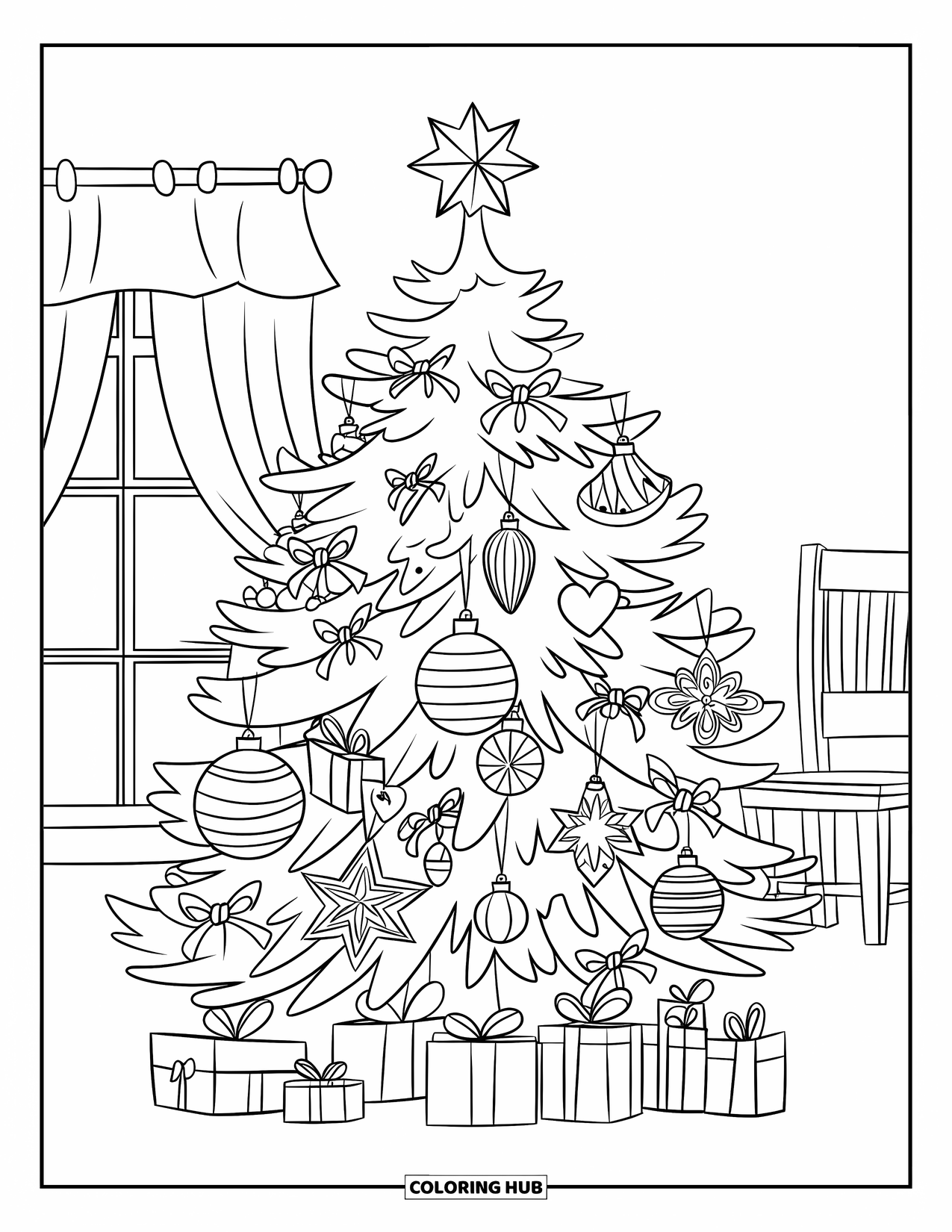 Christmas Tree Coloring Page for Kids: Tree with vintage ornaments, mistletoe, and a window with a curtain