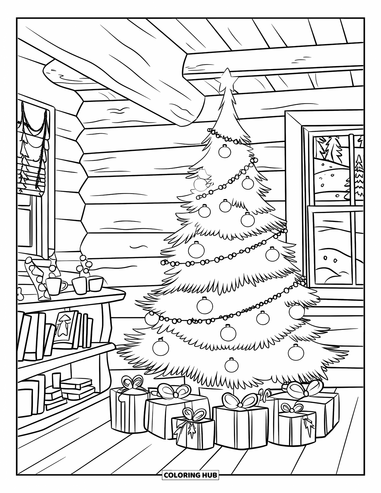 Christmas Tree Coloring Page for Kids: Warm log cabin scene with a decorated tree, books, mugs, and snowy trees outside