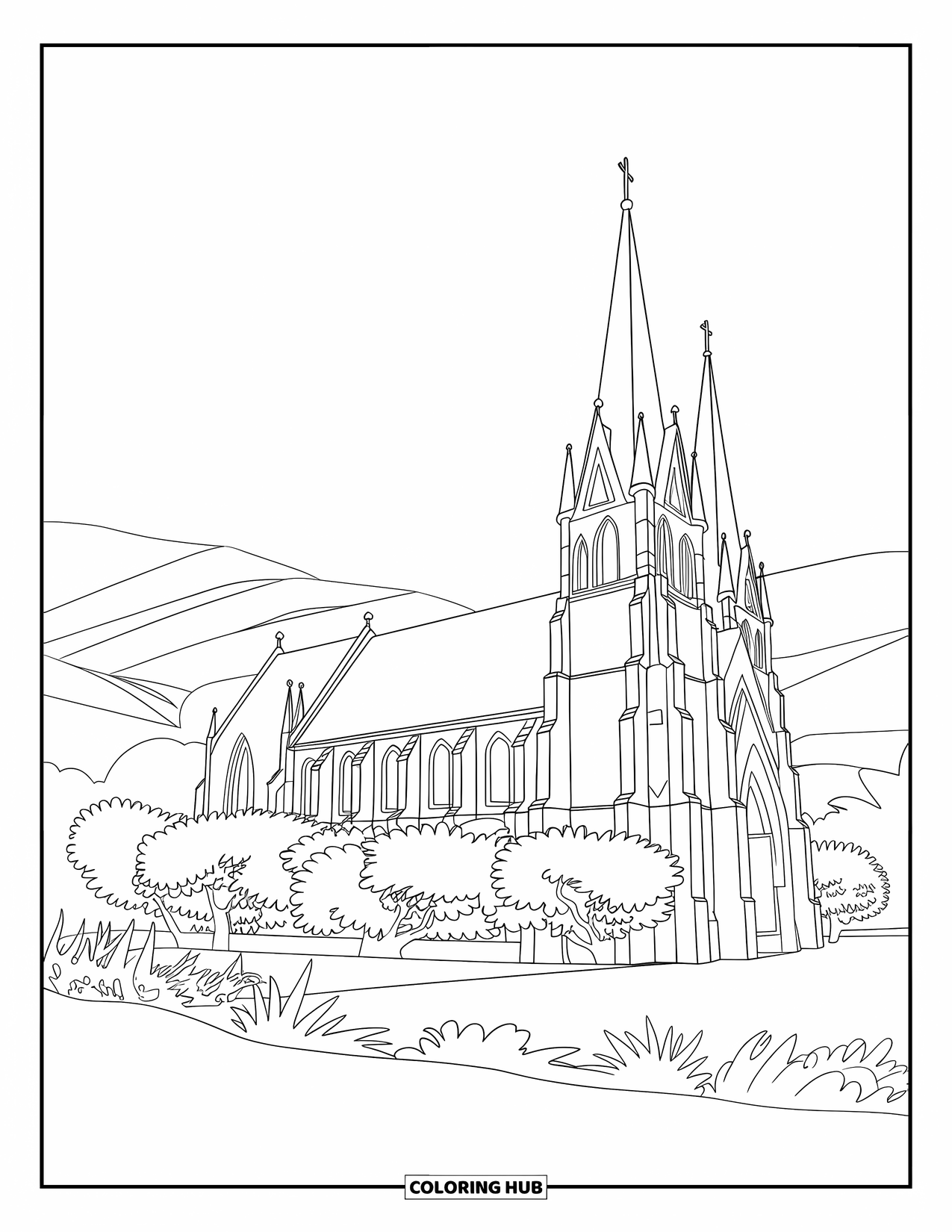 Church Coloring Page for Adults: A cathedral church with flowering trees, bushes, and soft hill outlines