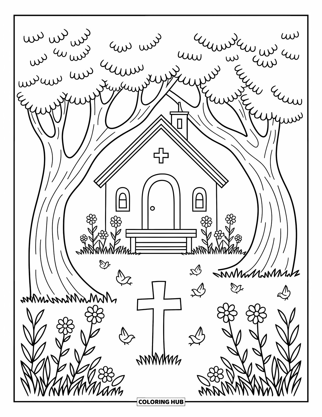 Church Coloring Page for Adults: A chapel peeks through tree branches with birds and flowers nearby