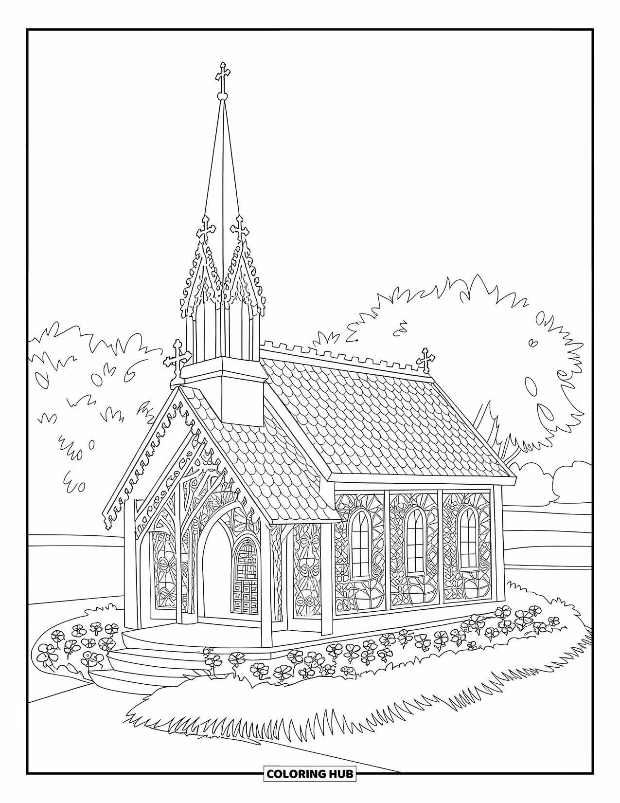 Church Coloring Page for Adults: A chapel with a decorative steeple, flower beds, and stained glass-style walls