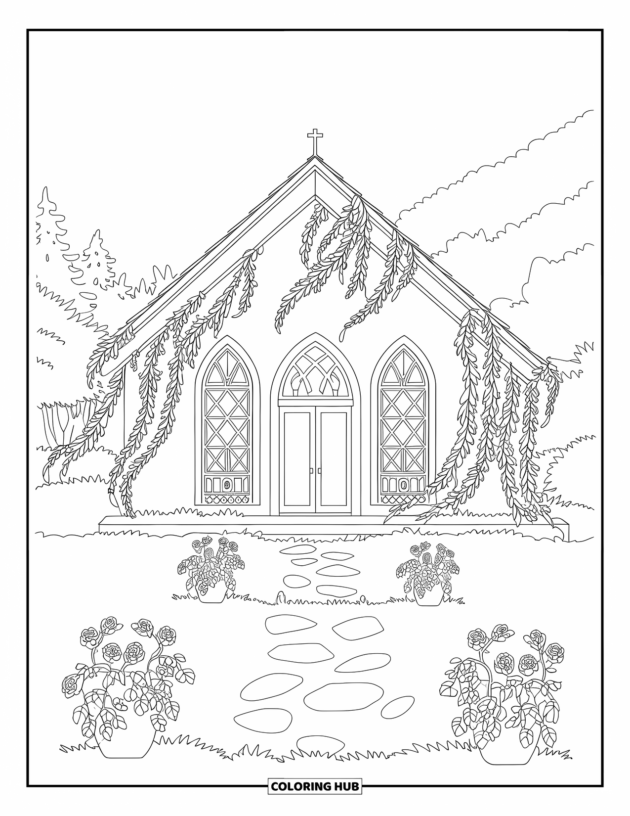 Church Coloring Page for Adults: A charming chapel with vines, roses, and a stone path to the door