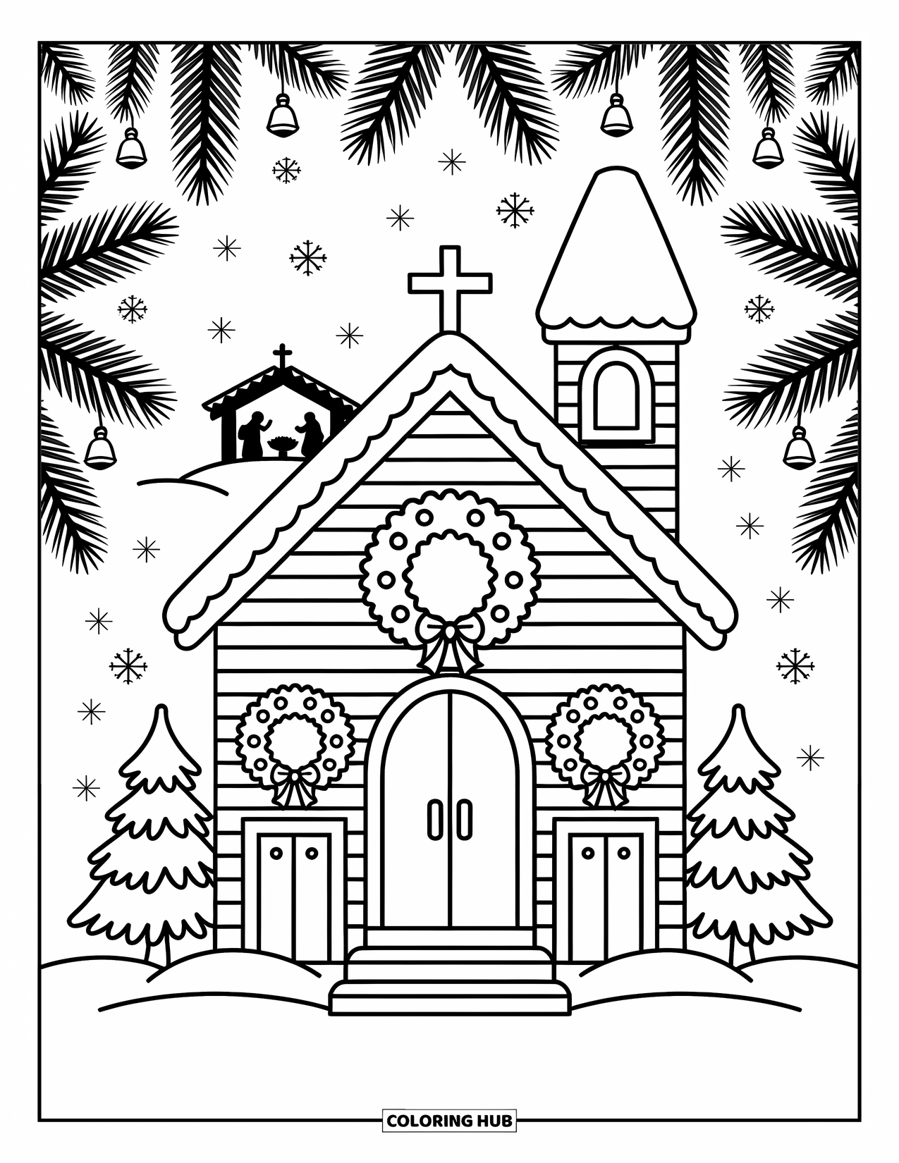 Church Coloring Page for Adults: A cozy chapel in snow with wreaths and a nativity scene framed in pine