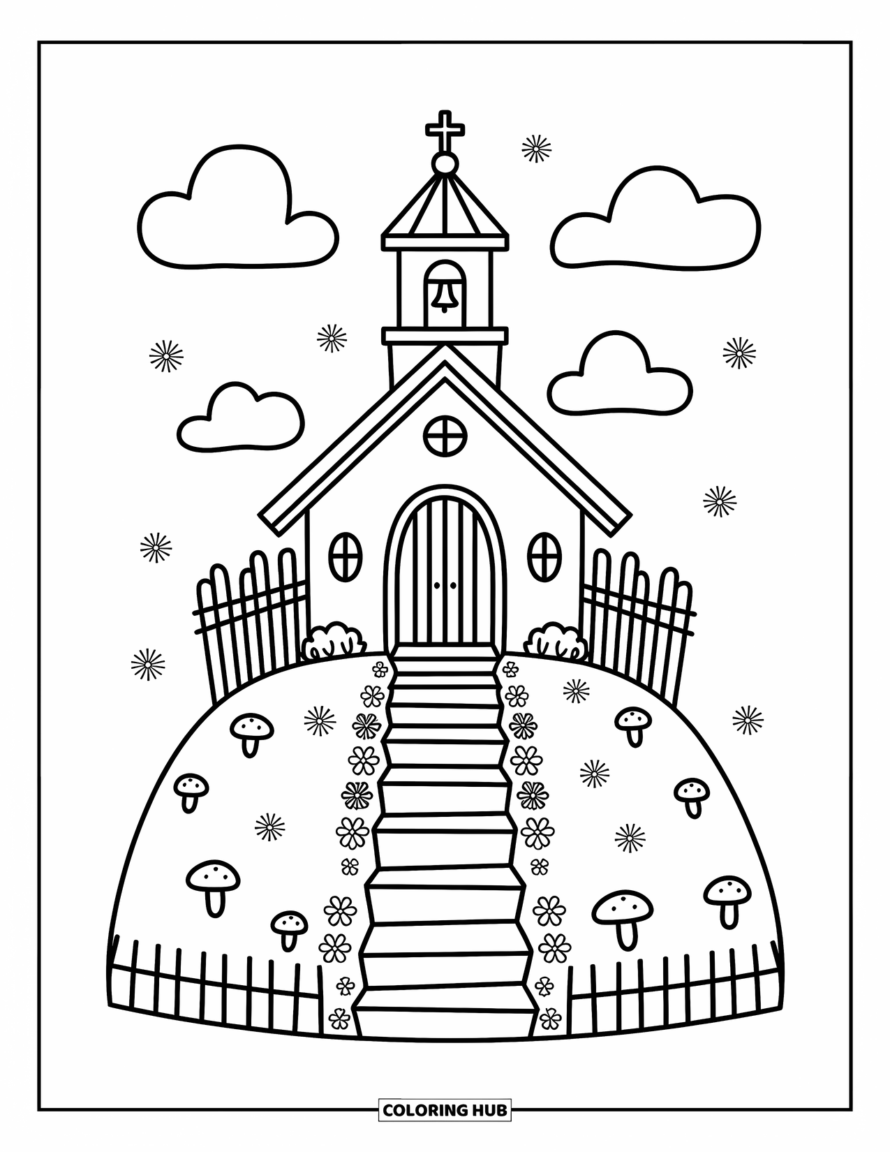 Church Coloring Page for Adults: A cozy church on a hill with flowers, clouds, and a bell tower cross