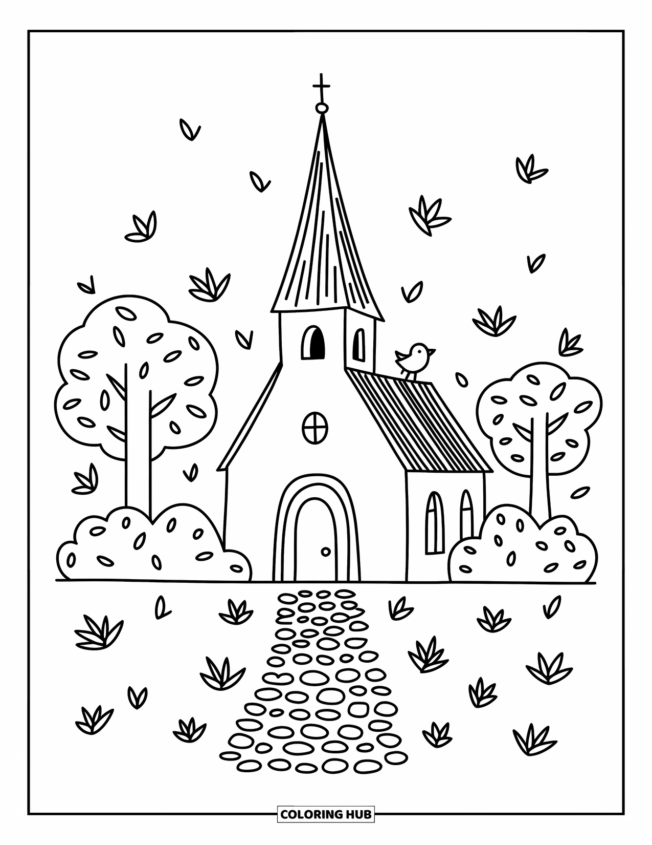 Church Coloring Page for Adults: A cozy church with fluttering leaves and a tall steeple on a stone path