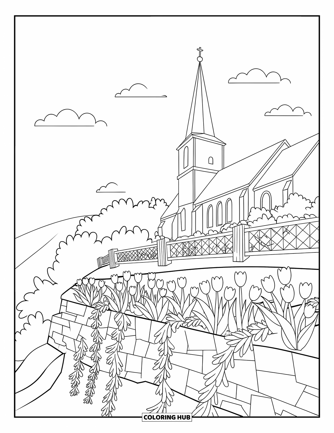 Church Coloring Page for Adults: A cozy church with tulips and ivy framed by stone walls and clouds
