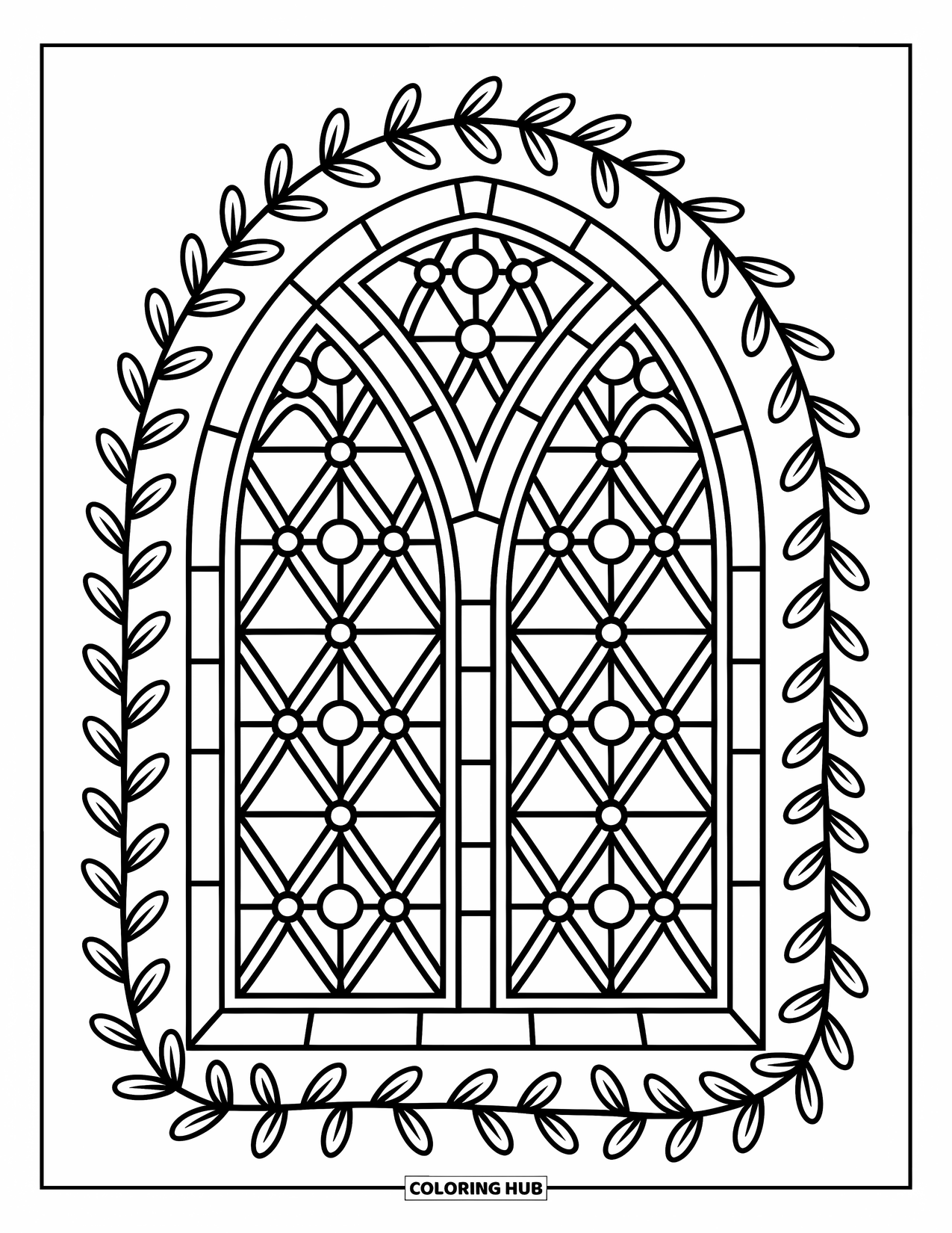 Church Coloring Page for Adults: A floral stained glass window framed by vines, ribbons, and soft curves