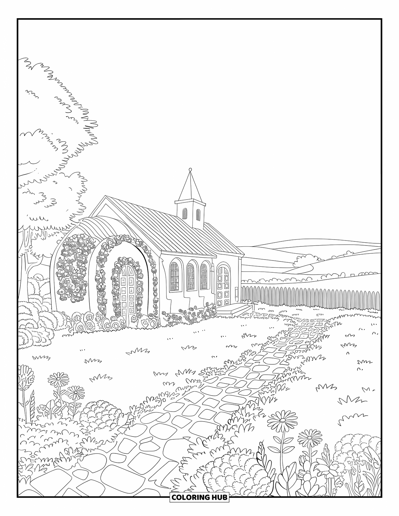 Church Coloring Page for Adults: A flower-lined church garden with arched windows and a cobbled walkway