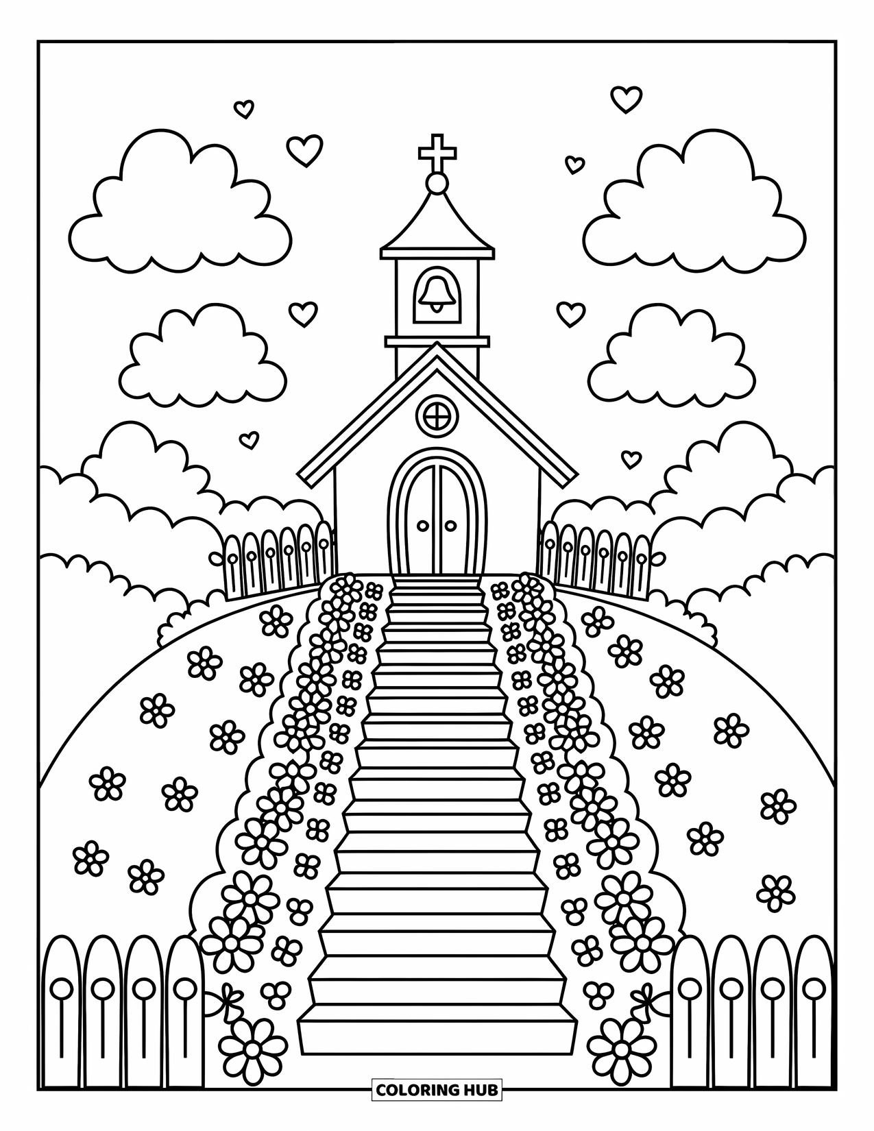 Church Coloring Page for Adults: A flower-lined path leads up to a hilltop church with fluffy clouds around